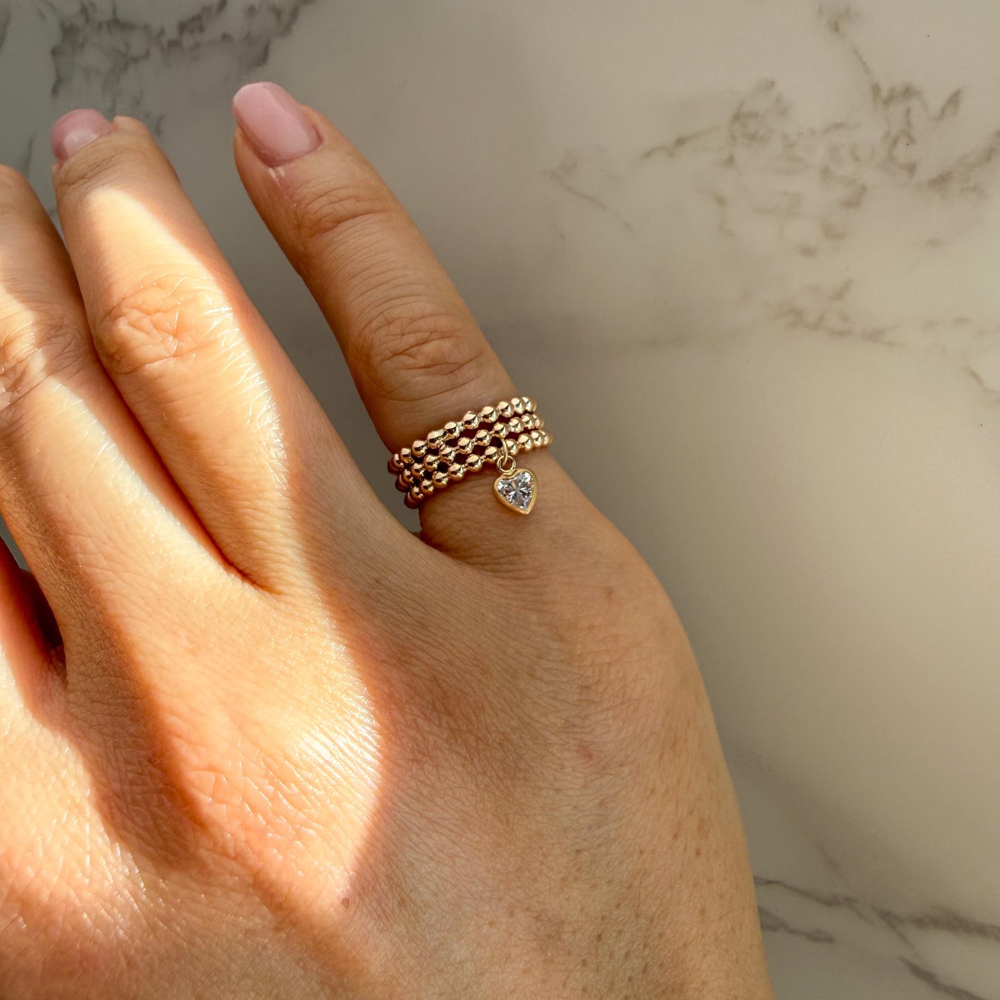 Belief Diamond Collection - Gold Filled Beaded Ring with Heart Charm, Triple Beaded Band, Stackable Pinky Ring, 4mm Moissanite Diamond or CZ