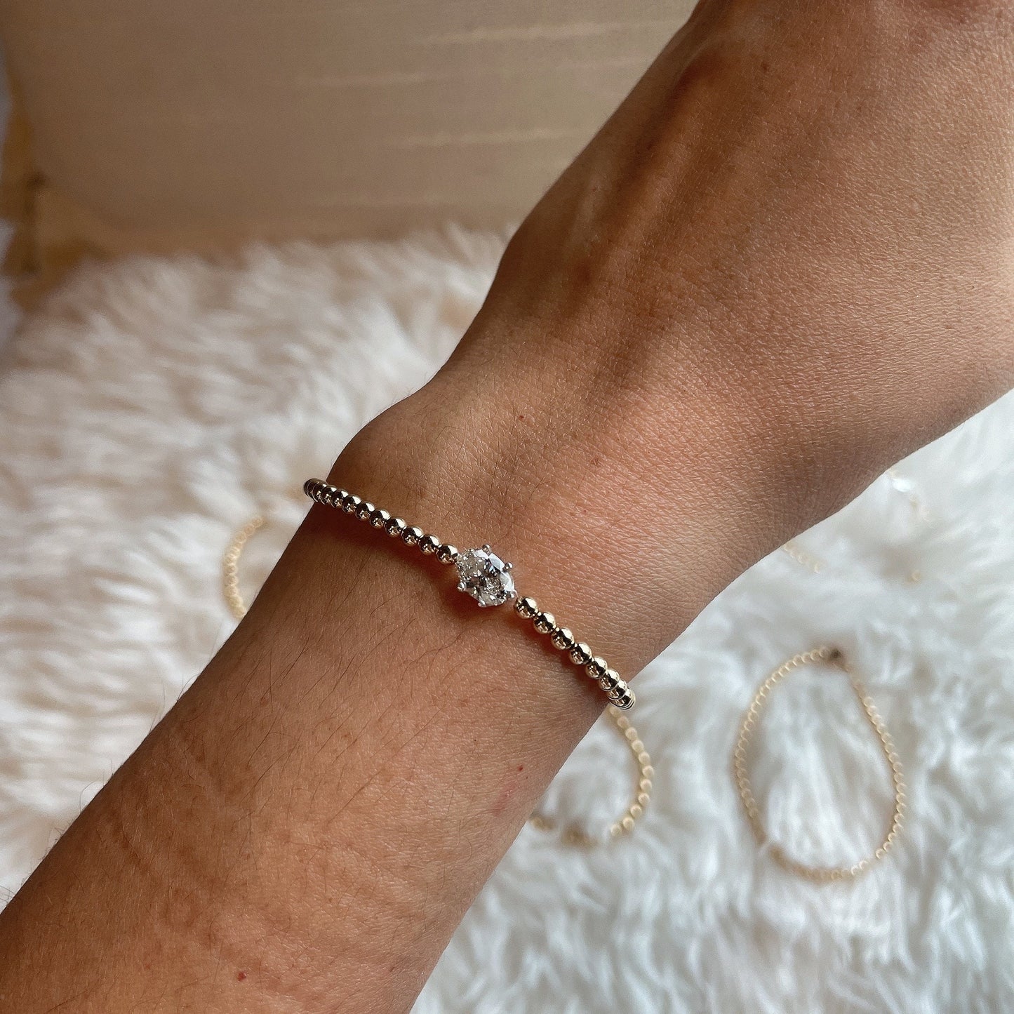 Belief Diamond Collection - 14K Gold Filled Lab Diamond Bracelet: Beaded Solitaire, D-E VVS