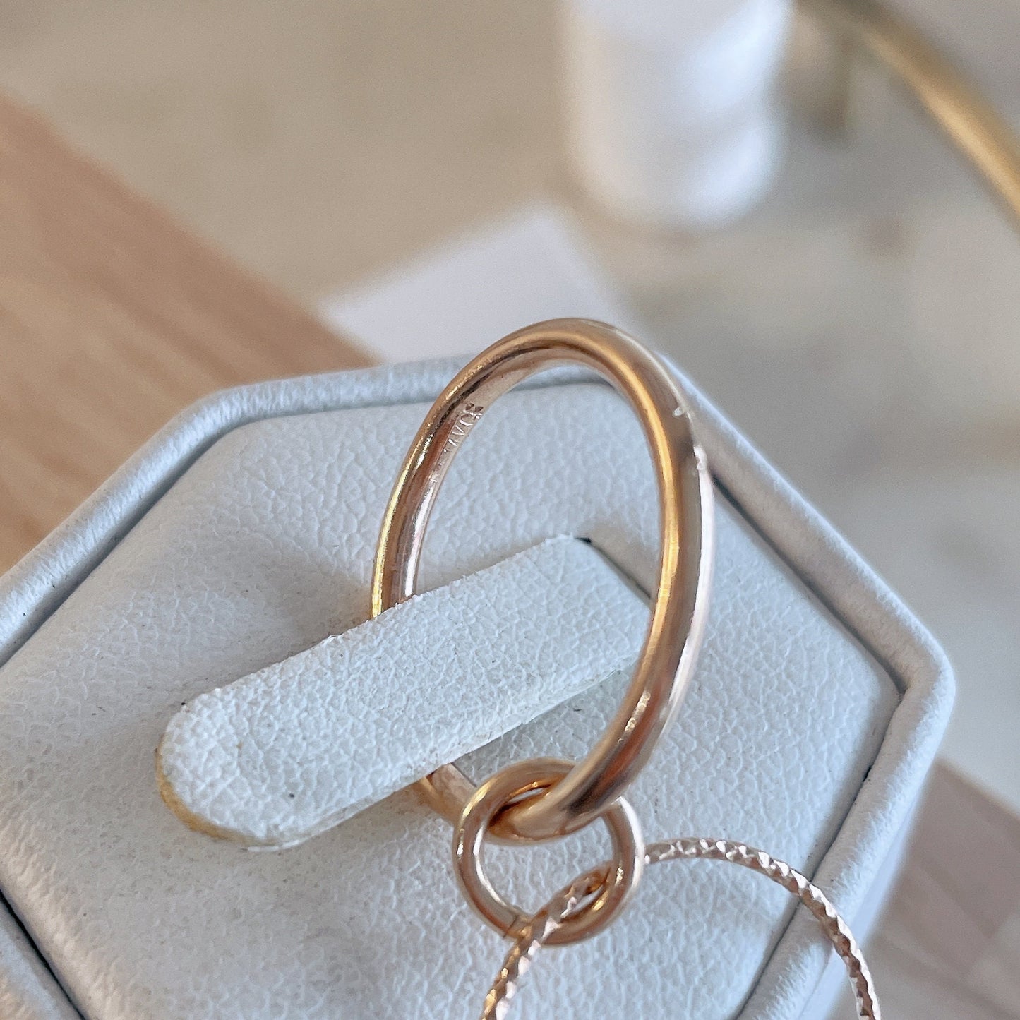 14KGF Gold Multi Stone Ring: Emerald Birthstone Bezel Connected Ring (R19)