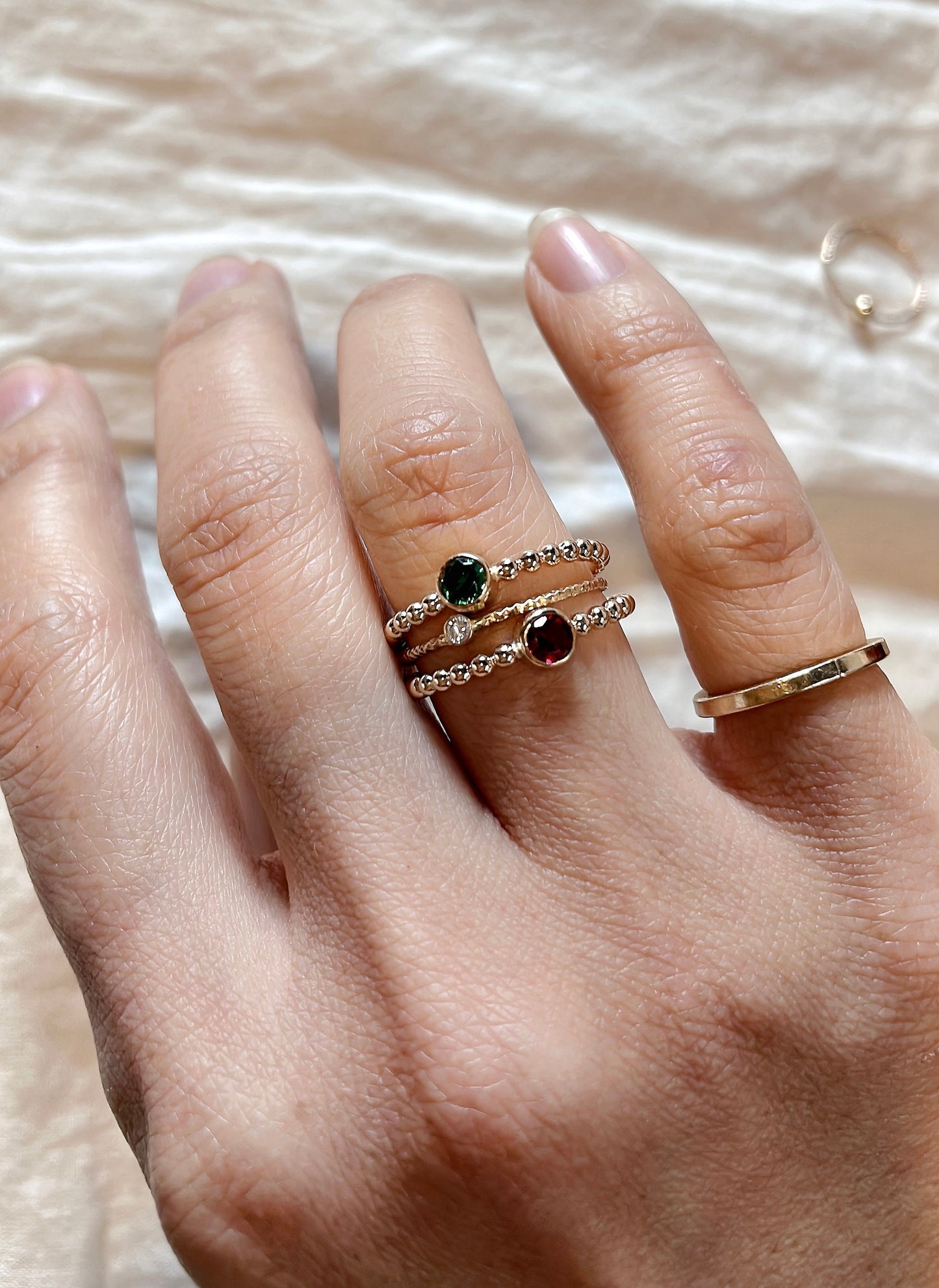 14K Gold Filled Ring Set: Garnet, Emerald, CZ Stackable Rings