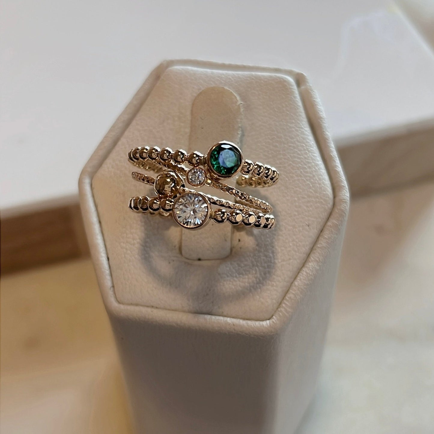 14K Gold Filled Ring Set: Lab Emerald & CZ Stackable Rings