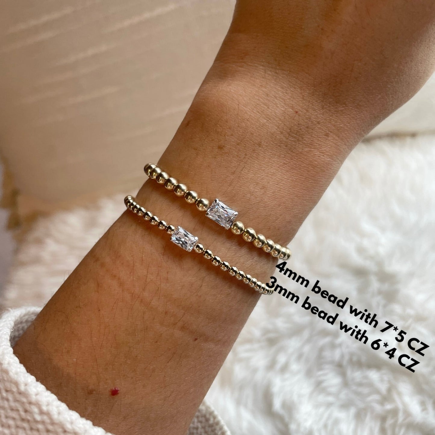14K Gold Filled Beaded Bracelet: Diamond CZ Solitaire