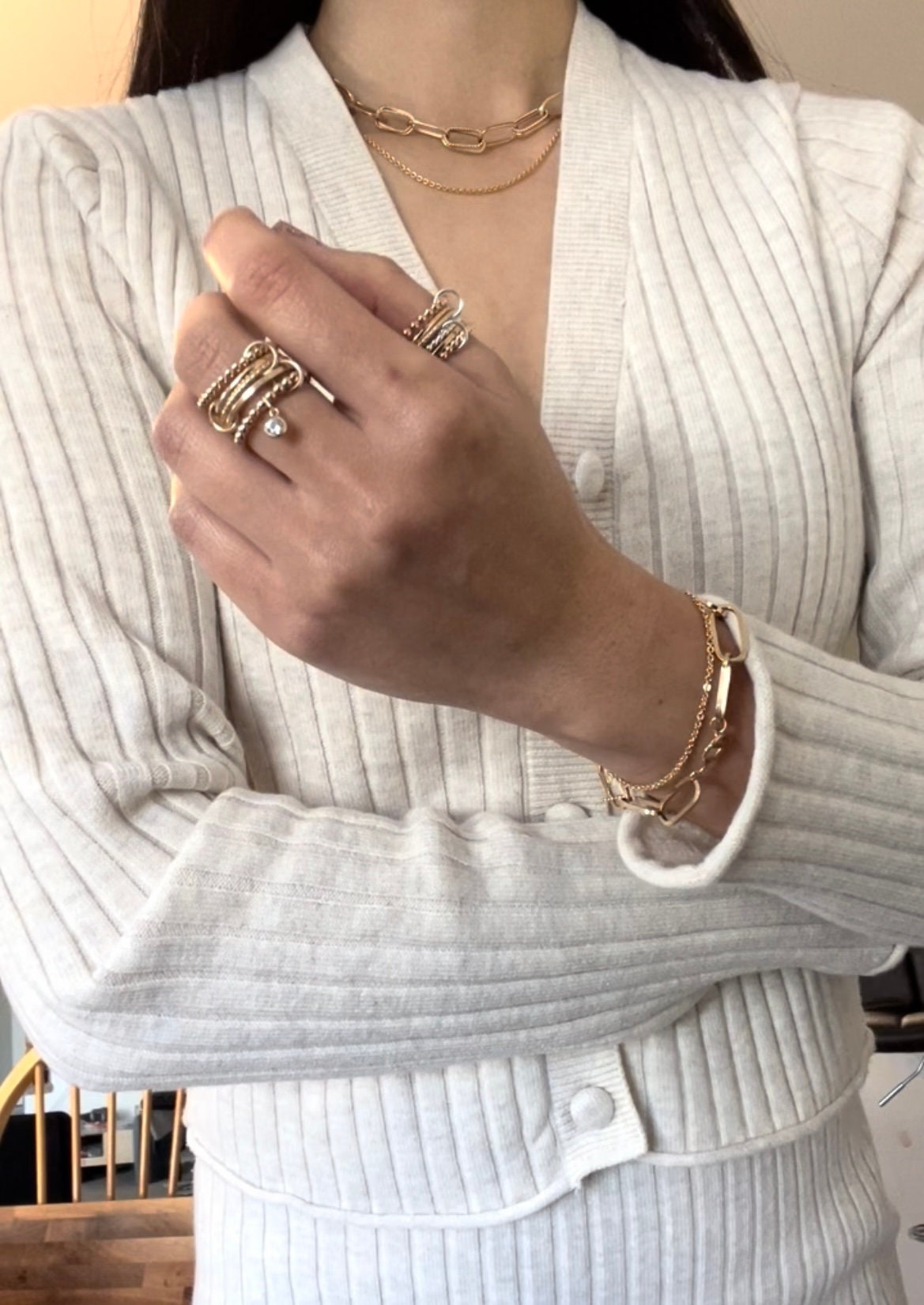 14KGF Gold Multi-Link Ring Set: Chunky Zircon Dangle Statement Ring (R9)