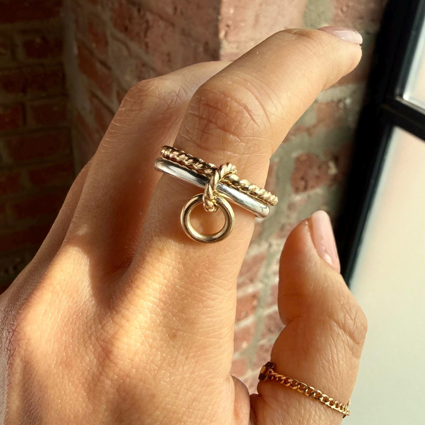 Belief GF Link Ring Two-Tone Connected Dangle Rings: 14KGF Gold and Sterling Silver Stacking Ring Twist Point Dangle