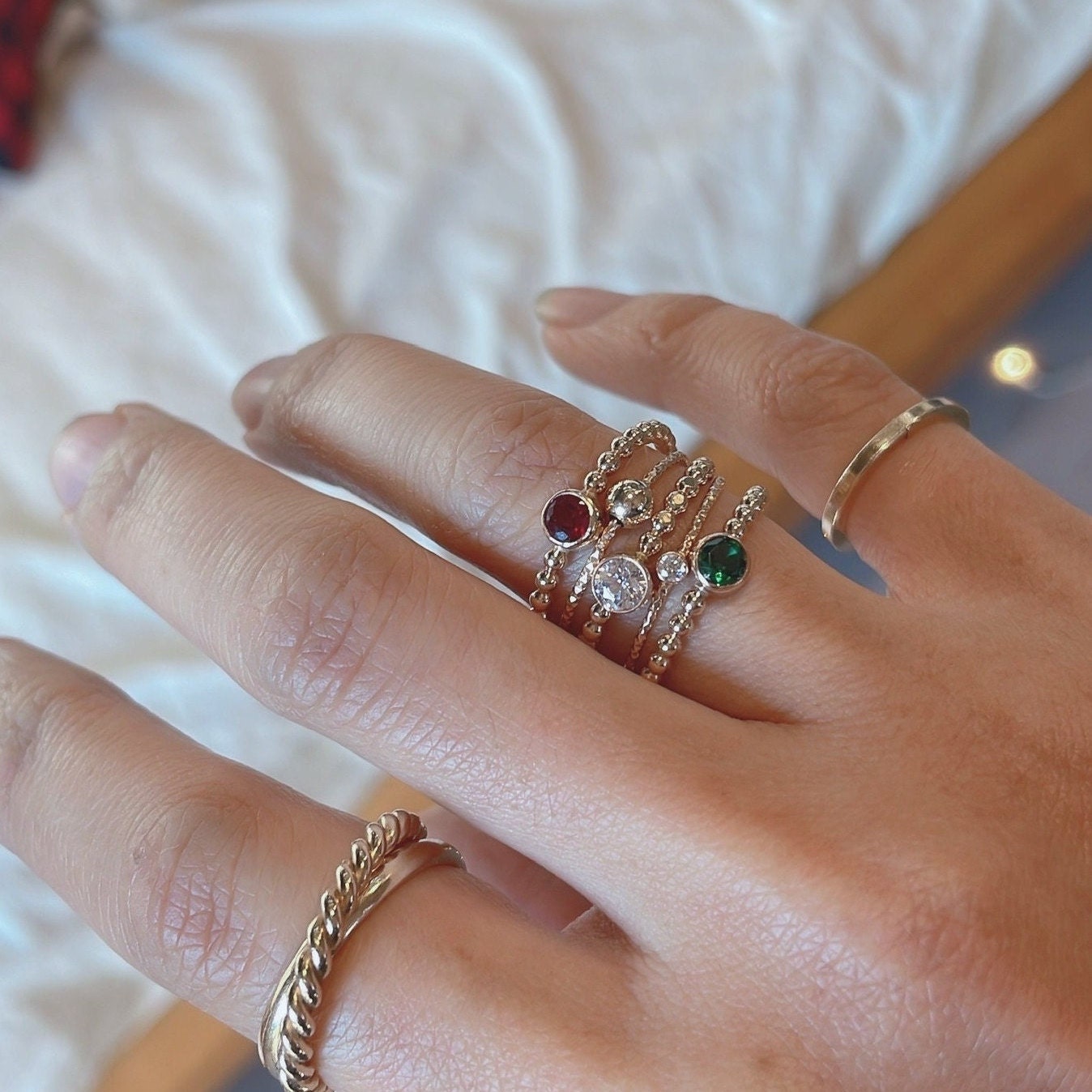 14K Gold Filled Ring Set: Garnet, Emerald, CZ Stackable Rings