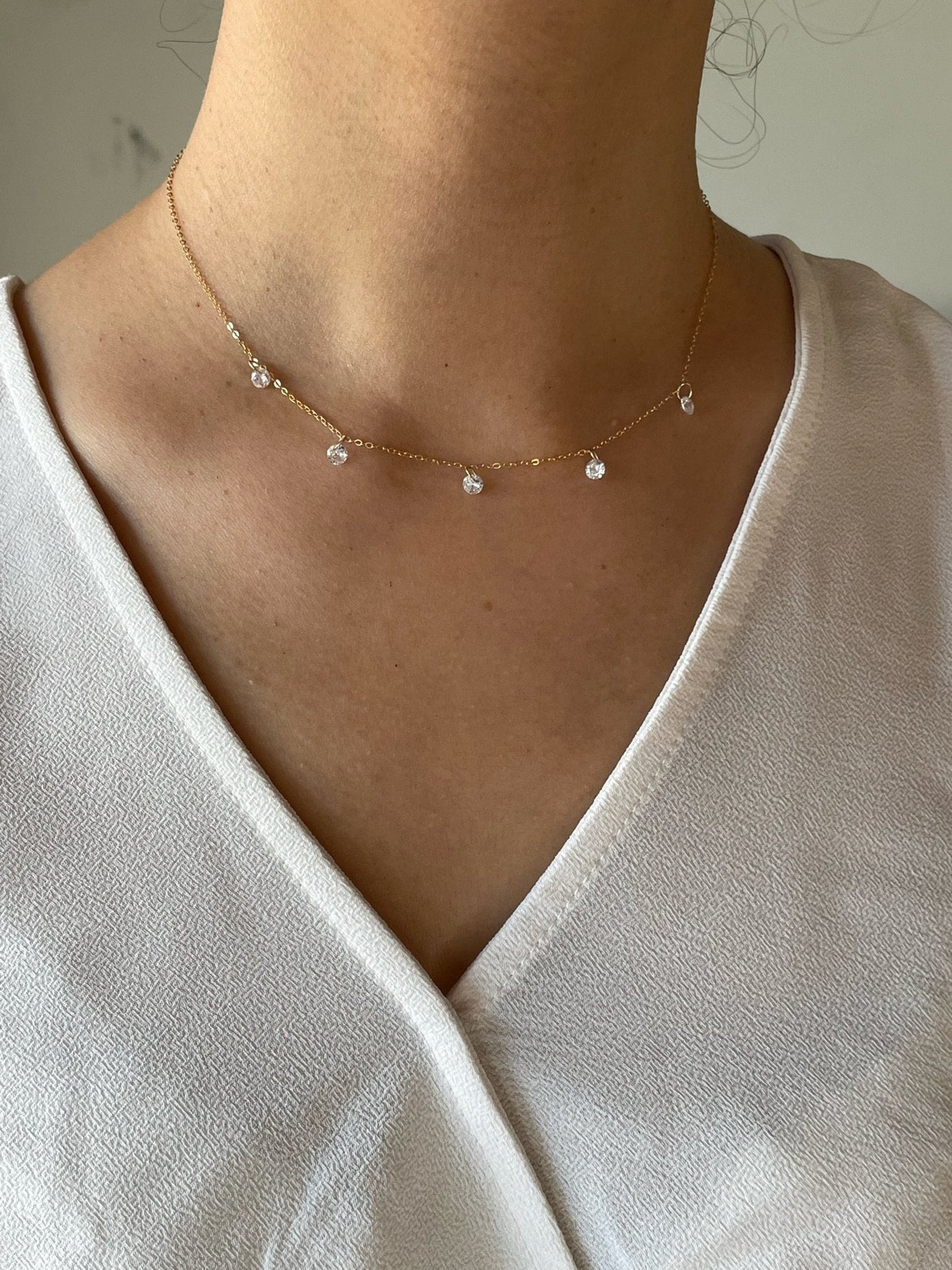 14KGF Dangle Necklace: Diamond CZ Choker with 14K Solid Gold