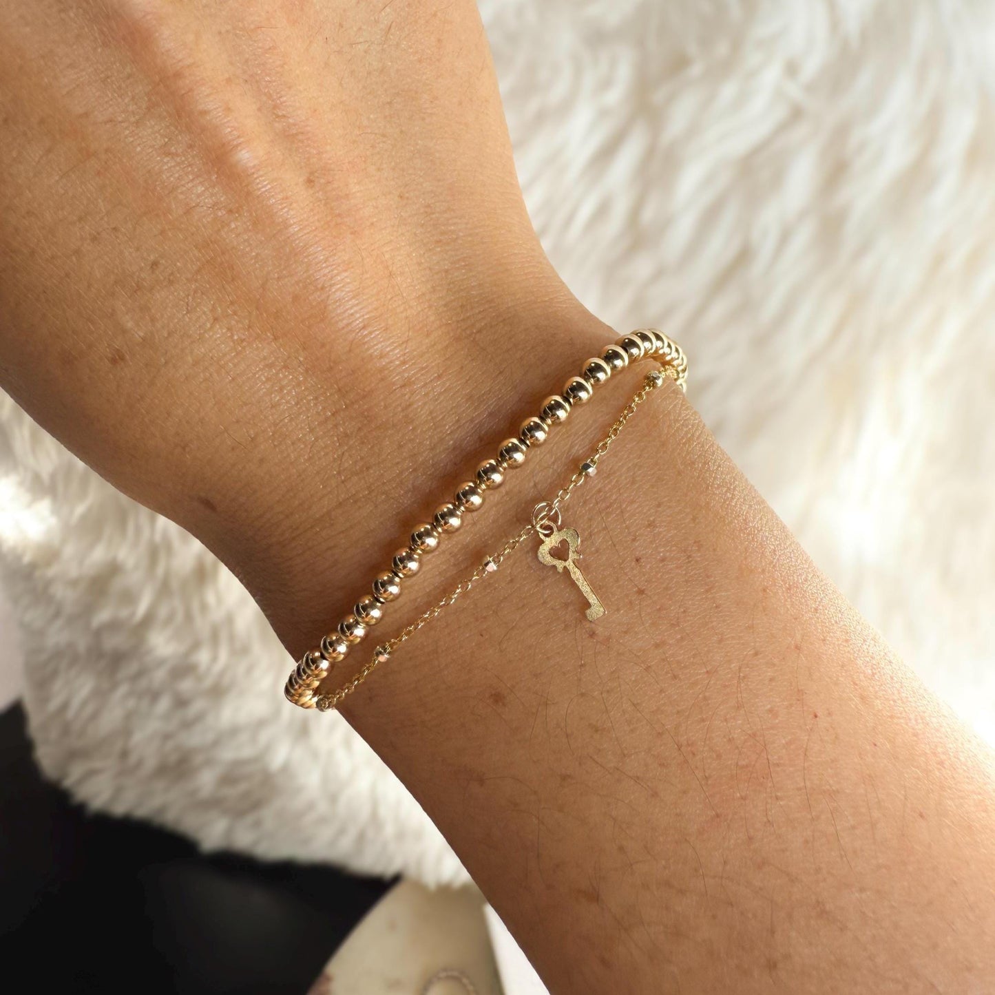 14KGF Dual Chain 3mm Gold Filled Beaded Bracelet | Easy Layered Look with Dainty Key Charm (B10)