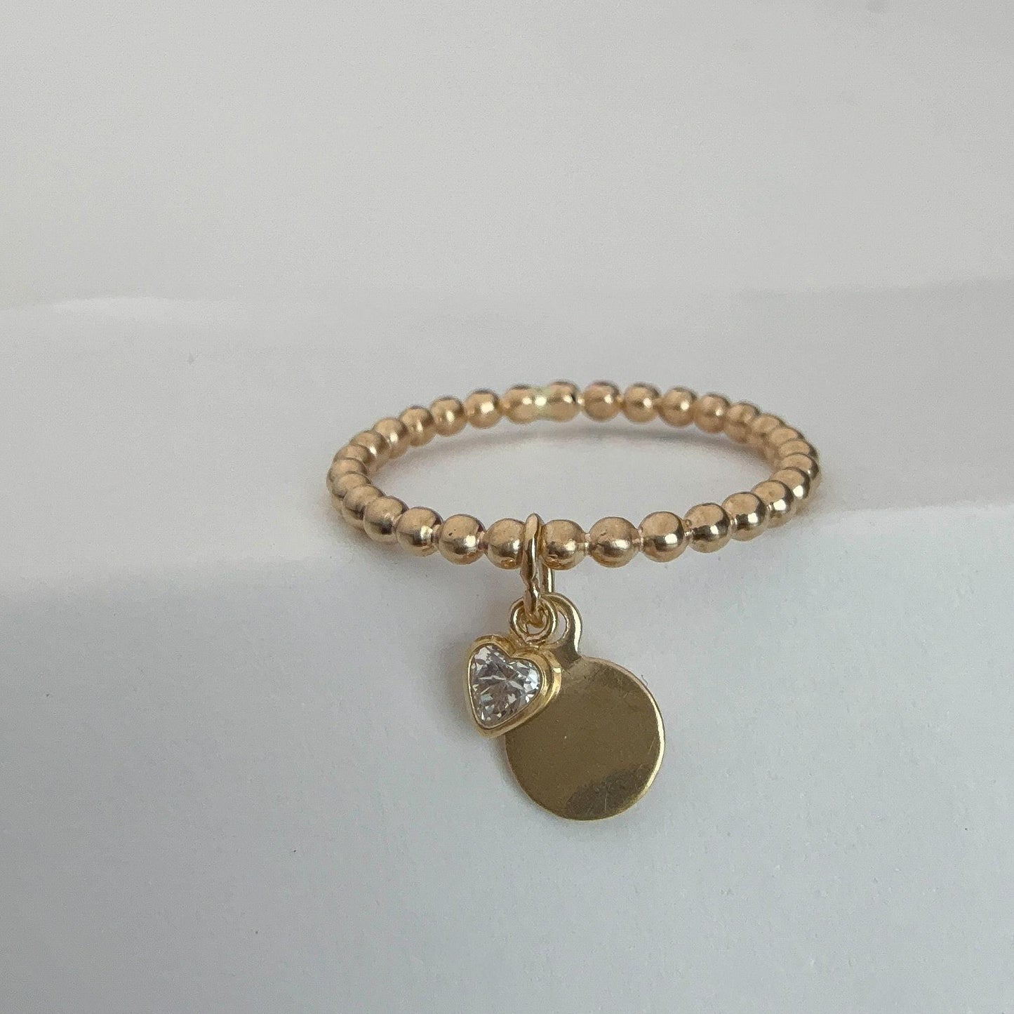 14K Gold Filled Disc and Heart Diamond CZ Ring Dainty Beaded Band Personalized