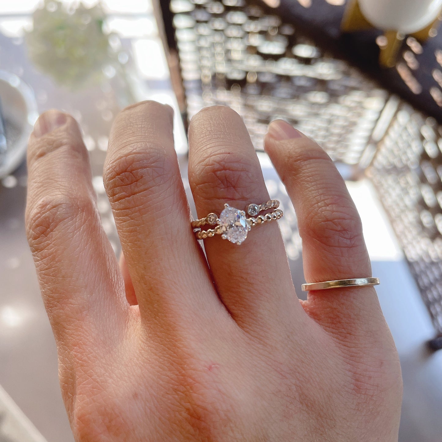 14KGF Solitaire Diamond Cut Oval CZ Ring Set, 7*5 Oval Prong Setting, 14K Gold filled Bead Band , Precious Stone Ring, 14K 1/20