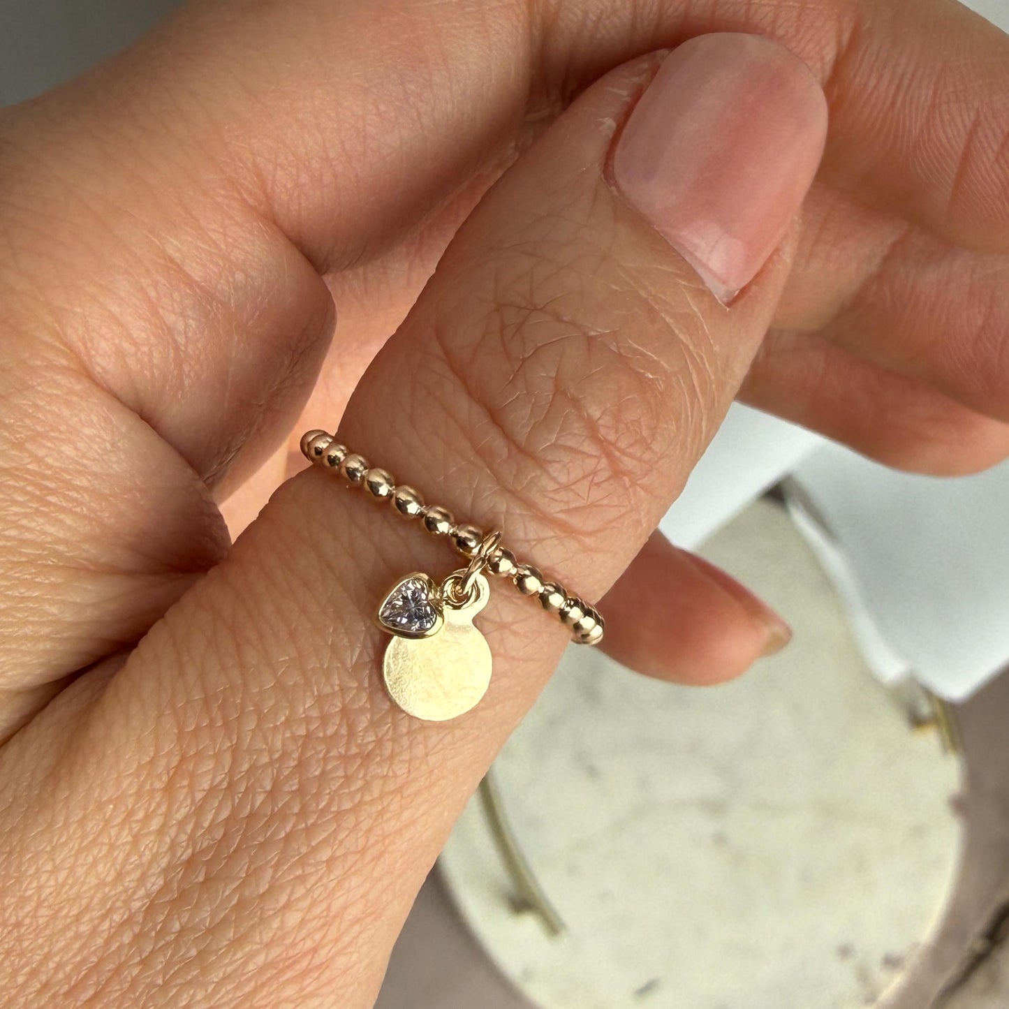14K Gold Filled Disc and Heart Diamond CZ Ring Dainty Beaded Band Personalized