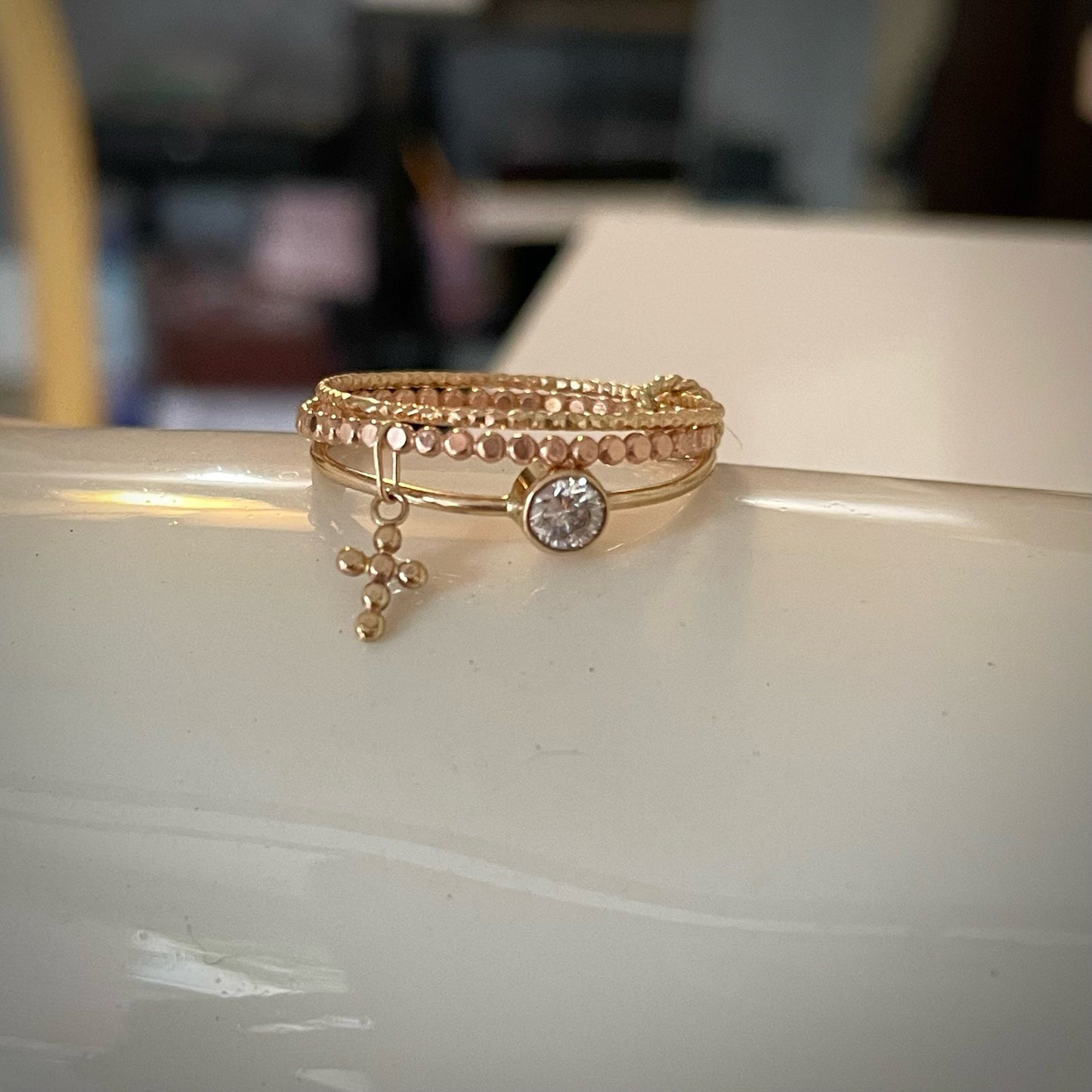 14K Gold Filled Rosary Ring Set: CZ Diamond Cross Dangle