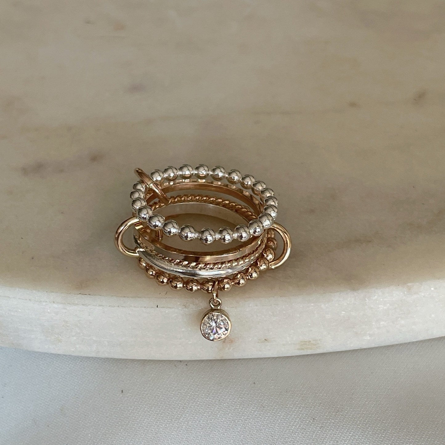 Belief Diamond Collection - Two-Tone Connected Ring: 14K Gold Fill & Sterling Silver Stacking Ring with Diamond Dangle (R12LGD)