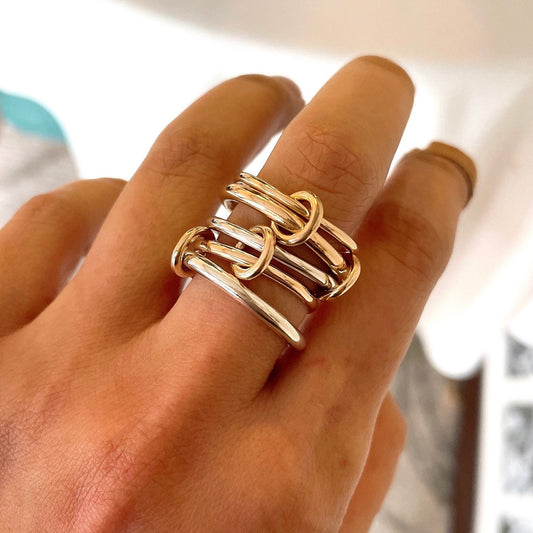 14KGF Double Heavy Fit Gold & Silver Ring | 14KGF Layered Link Statement Ring – Mixed Metal Geometry and unapologetically bold (R14)