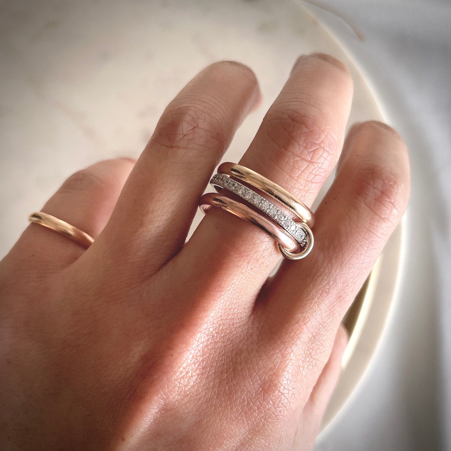 14KGF Two Tone Eternity Ring: Rose Gold & Yellow Gold Connected Bands (R16)