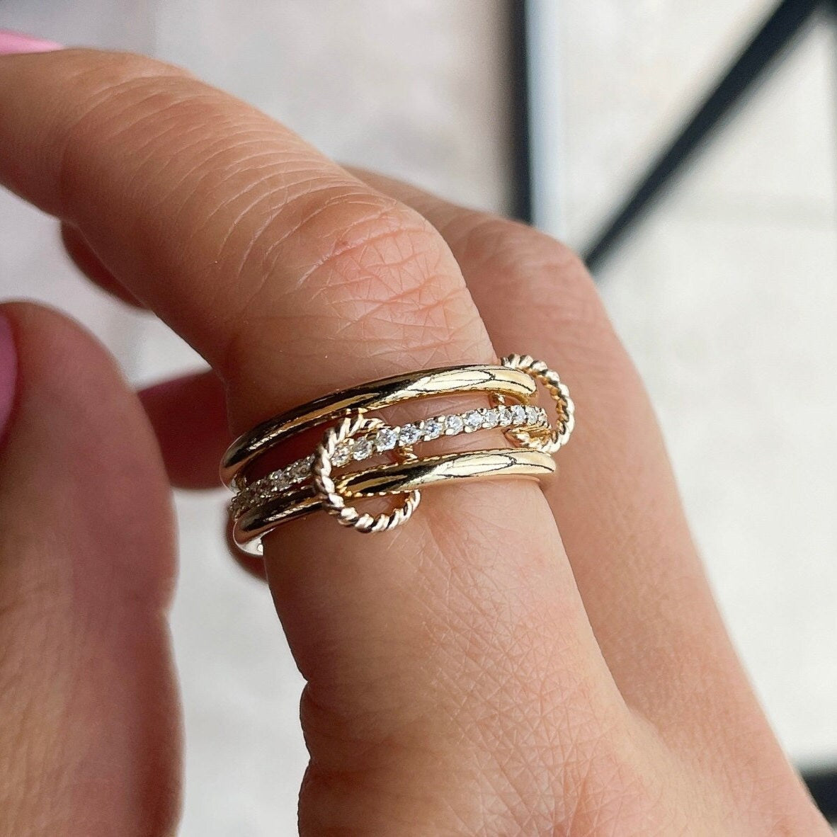 14KGF Gold Multi-Link Ring: Sia Ring Chunky Interlocking Statement Ring (R4)
