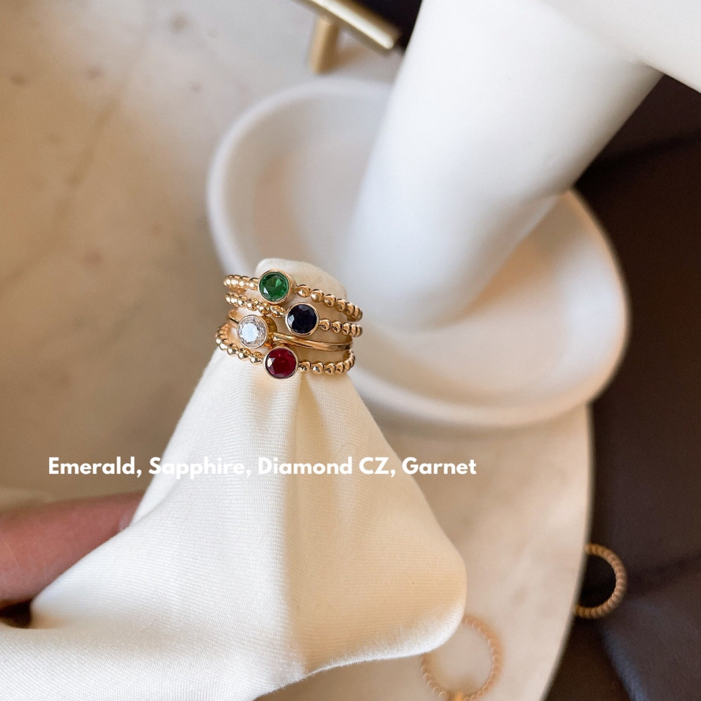 14KGF Bezel Birthstone Ring: Handmade Gold Stacking Ring