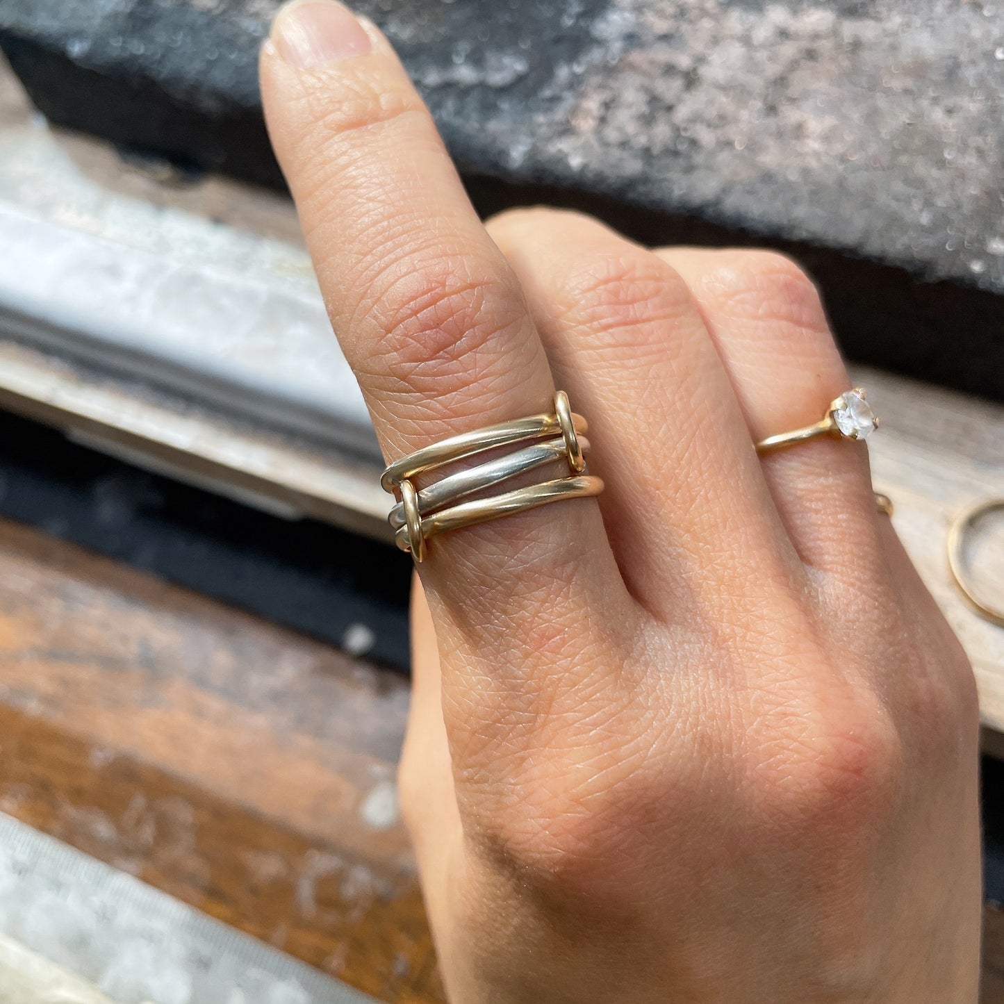 Two-Tone Connected Ring: 14KGF Gold and Sterling Silver Stacking Ring (R13)