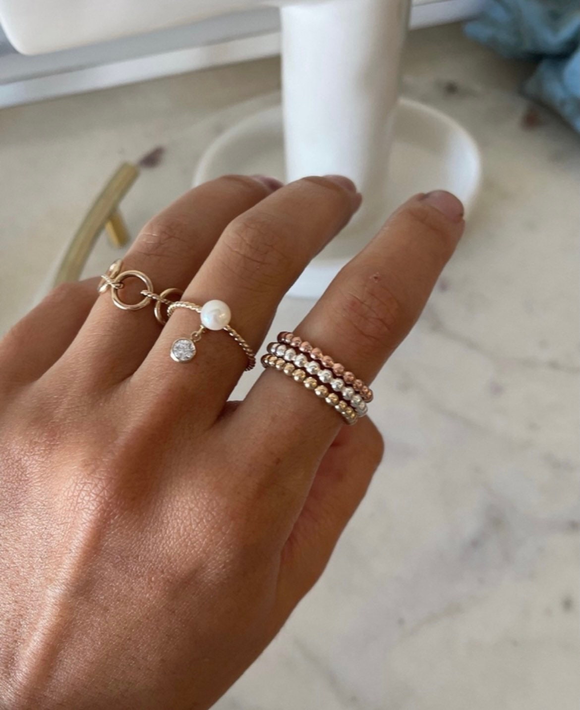 Tricolor 14KGF Ring Set: Gold, Rose Gold, Sterling Silver