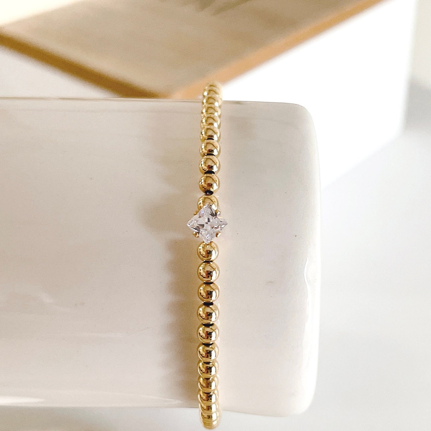 14KGF 3mm Gold Beaded Solitaire Bracelet, Square Diamond CZ Point, Gold Bead Bracelet, Gold Filled Bead Bracelet 1/20 14K