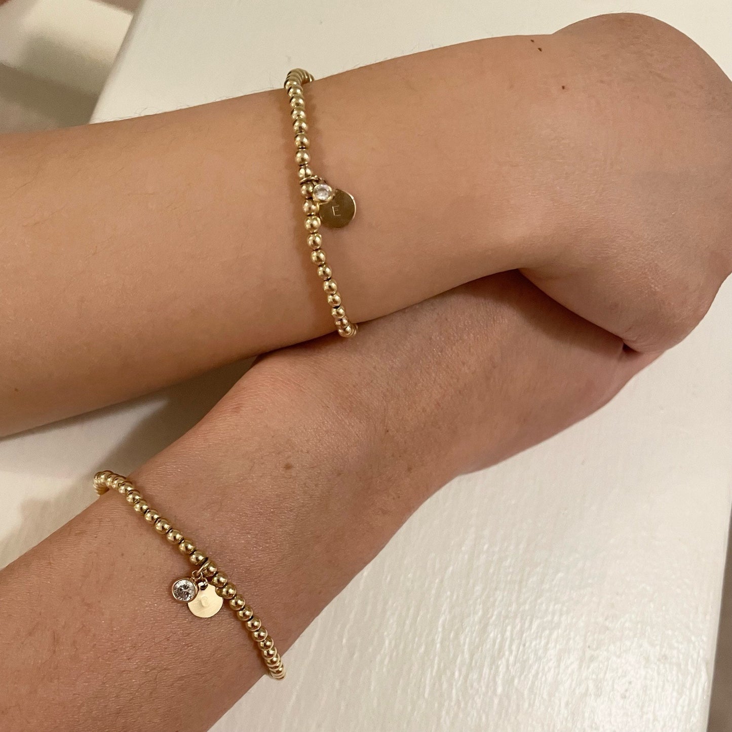 Belief Diamond Collection - 14K Gold Filled 3mm or 4mm Beaded Bracelet with Lab Diamond Drop & Personalized Disc Charm | Gold Ball Bracelet