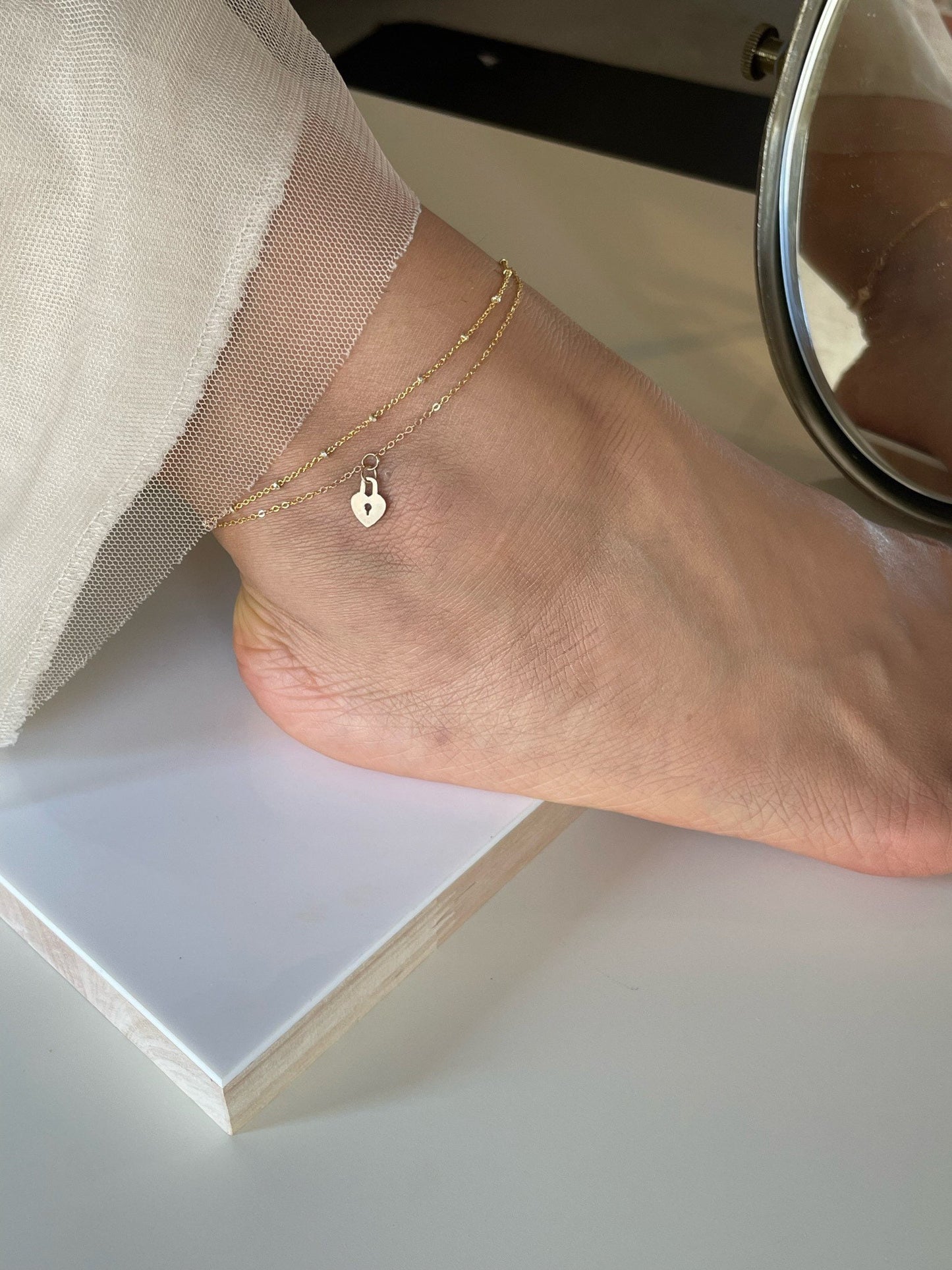 14KGF Gold Heart Lock and Key Double Stranded Anklet 14K Gold-Filled with 14K Solid Gold Dainty Anklet Gift for her
