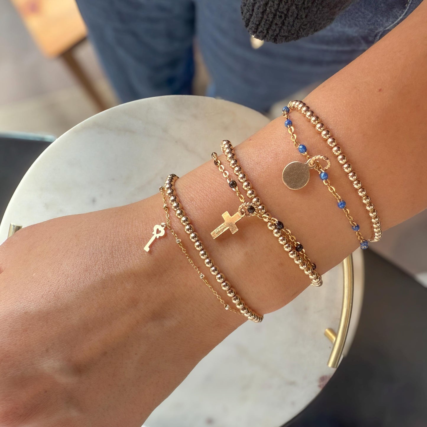 14KGF Dual Chain 3mm Gold Filled Beaded Bracelet | Easy Layered Look with Dainty Key Charm | Gold Filled Enameled Chain (B10, B11, B12)