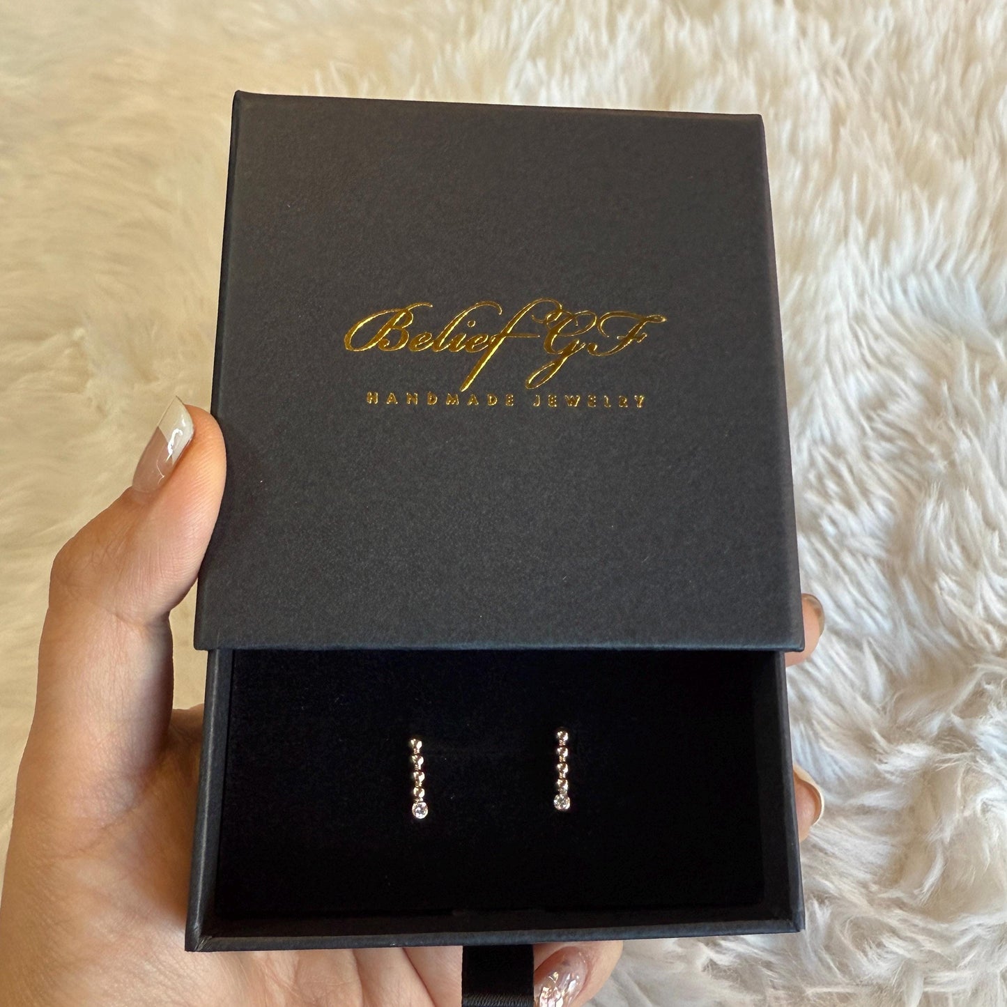 Belief Diamond Collection - 14K Gold Filled Lab Diamond Earrings: Handmade D-E VVS Beaded Bar