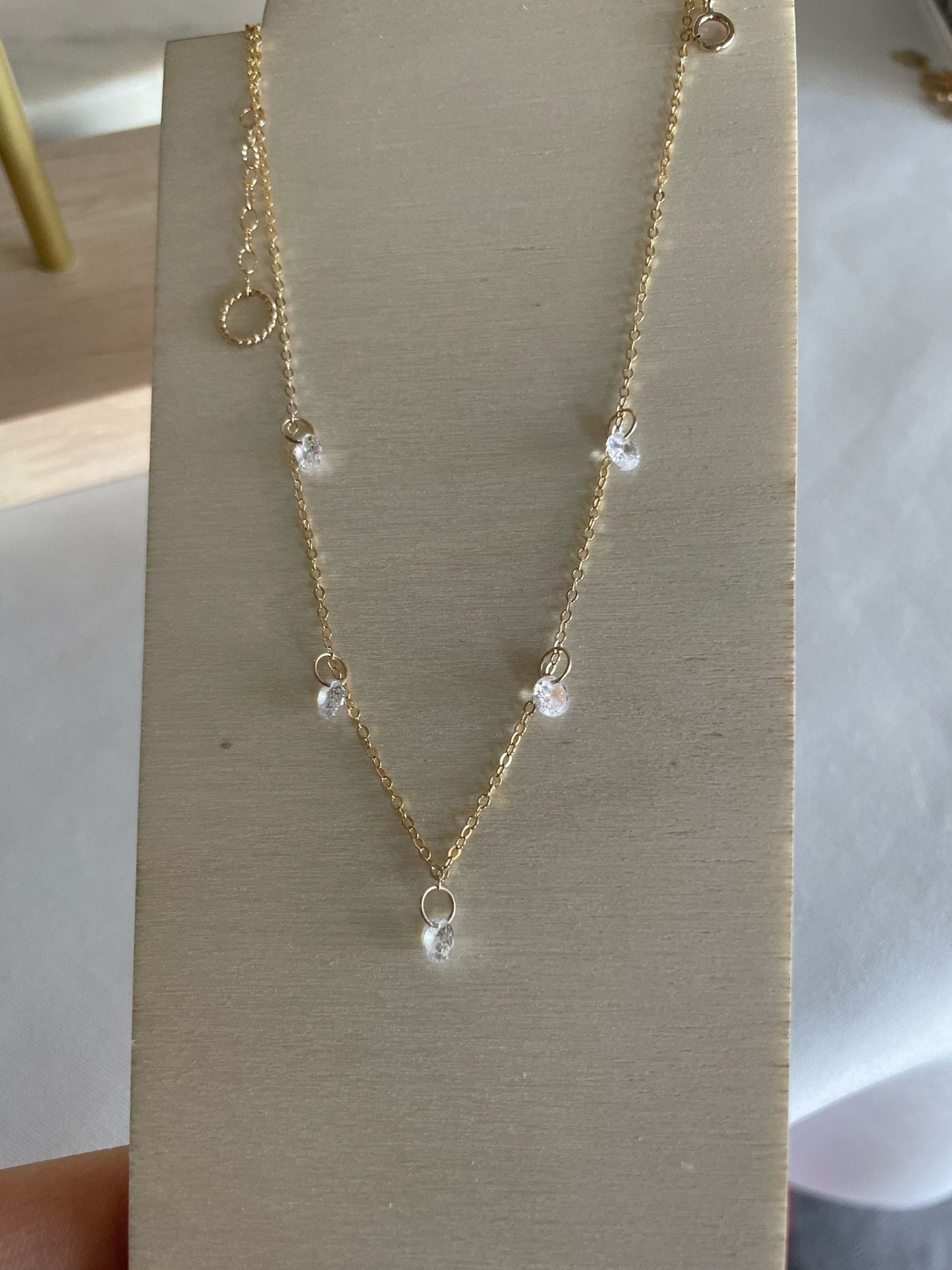 14KGF Dangle Necklace: Diamond CZ Choker with 14K Solid Gold