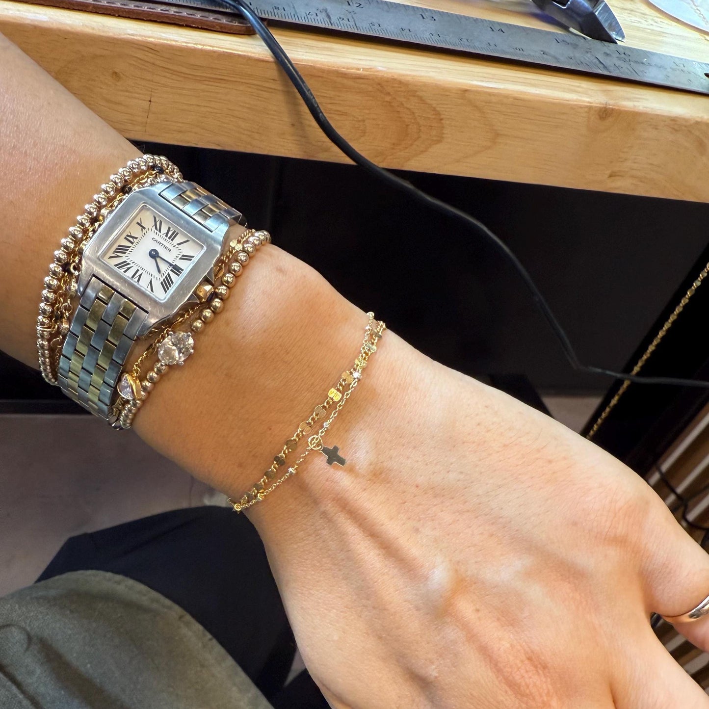 14KGF Gold Filled Double Chain Bracelet with Mini Cross Charm | Dapped & Satellite Layered Design | 1/20 14K Stamped