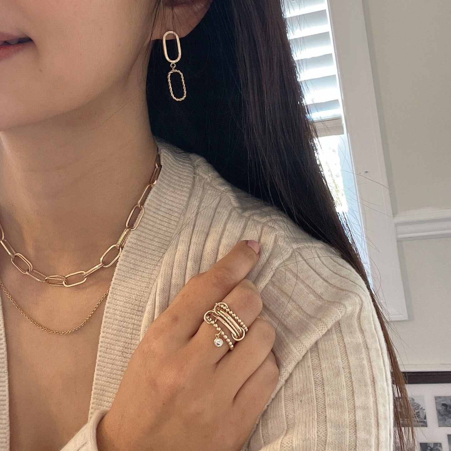 14KGF Gold Multi-Link Ring Set: Chunky Zircon Dangle Statement Ring (R9)