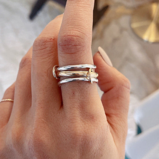 Two-Tone Connected Rings: 14KGF Gold and Sterling Silver Stacking Ring (R2S1)