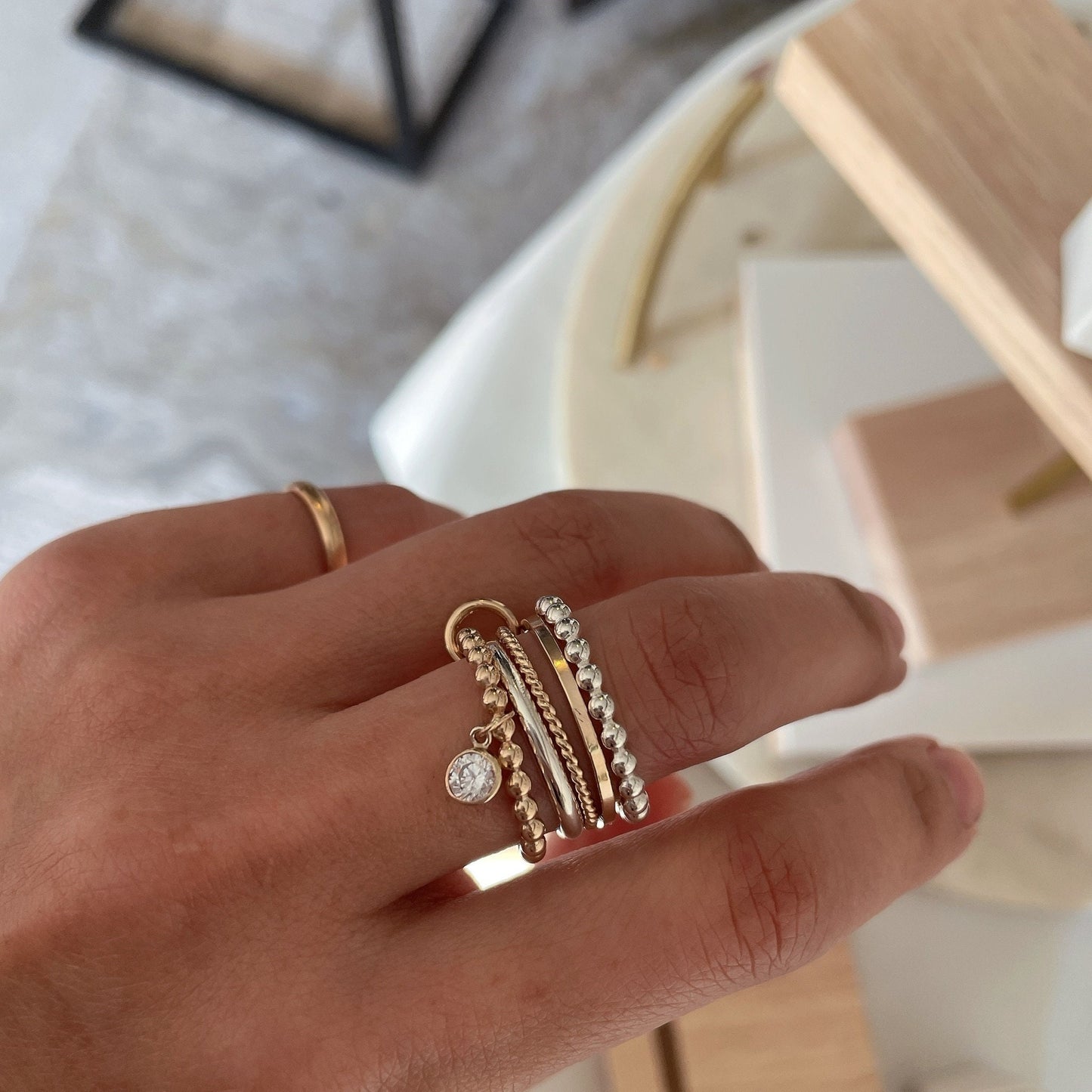 Belief Diamond Collection - Two-Tone Connected Ring: 14K Gold Fill & Sterling Silver Stacking Ring with Diamond Dangle (R12LGD)
