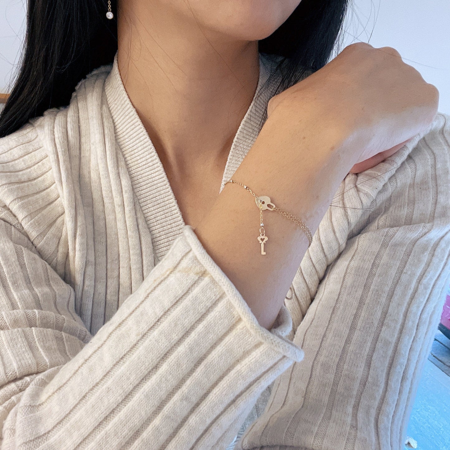 14KGF Gold Heart Lock and Key Bracelet 14K Gold-Filled with 14K Solid Gold Dainty Bracelet Double Strand Bracelet Everyday Bracelet 14K 1/20