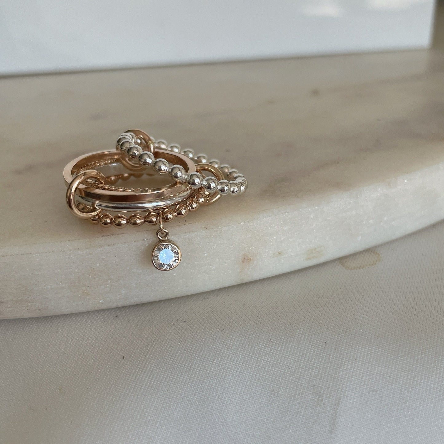 Belief Diamond Collection - Two-Tone Connected Ring: 14K Gold Fill & Sterling Silver Stacking Ring with Diamond Dangle (R12LGD)