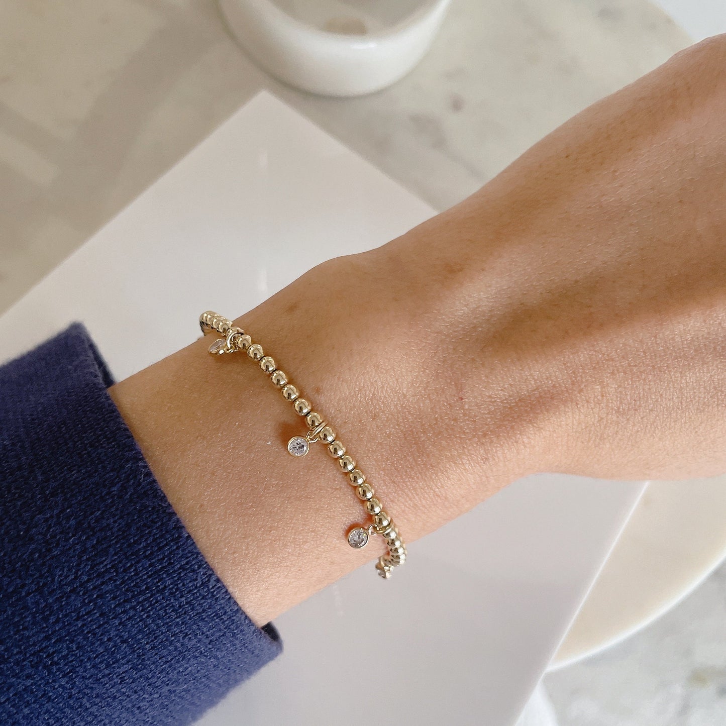 Belief Diamond Collection - 14KGF Beaded Bracelet with Diamond Dangles