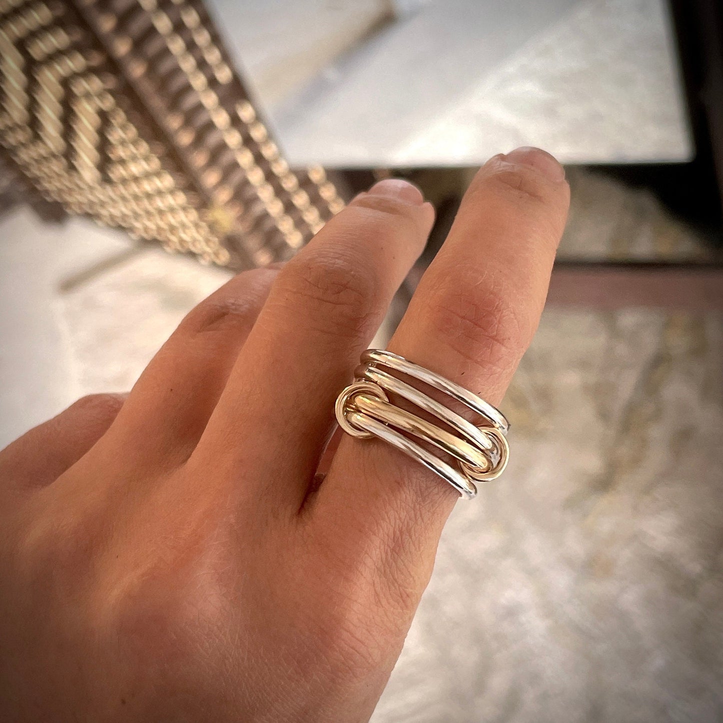 14KGF Heavy Fit Triple Silver and Yellow Gold Filled Ring, Maximum Connect Ring (R7)