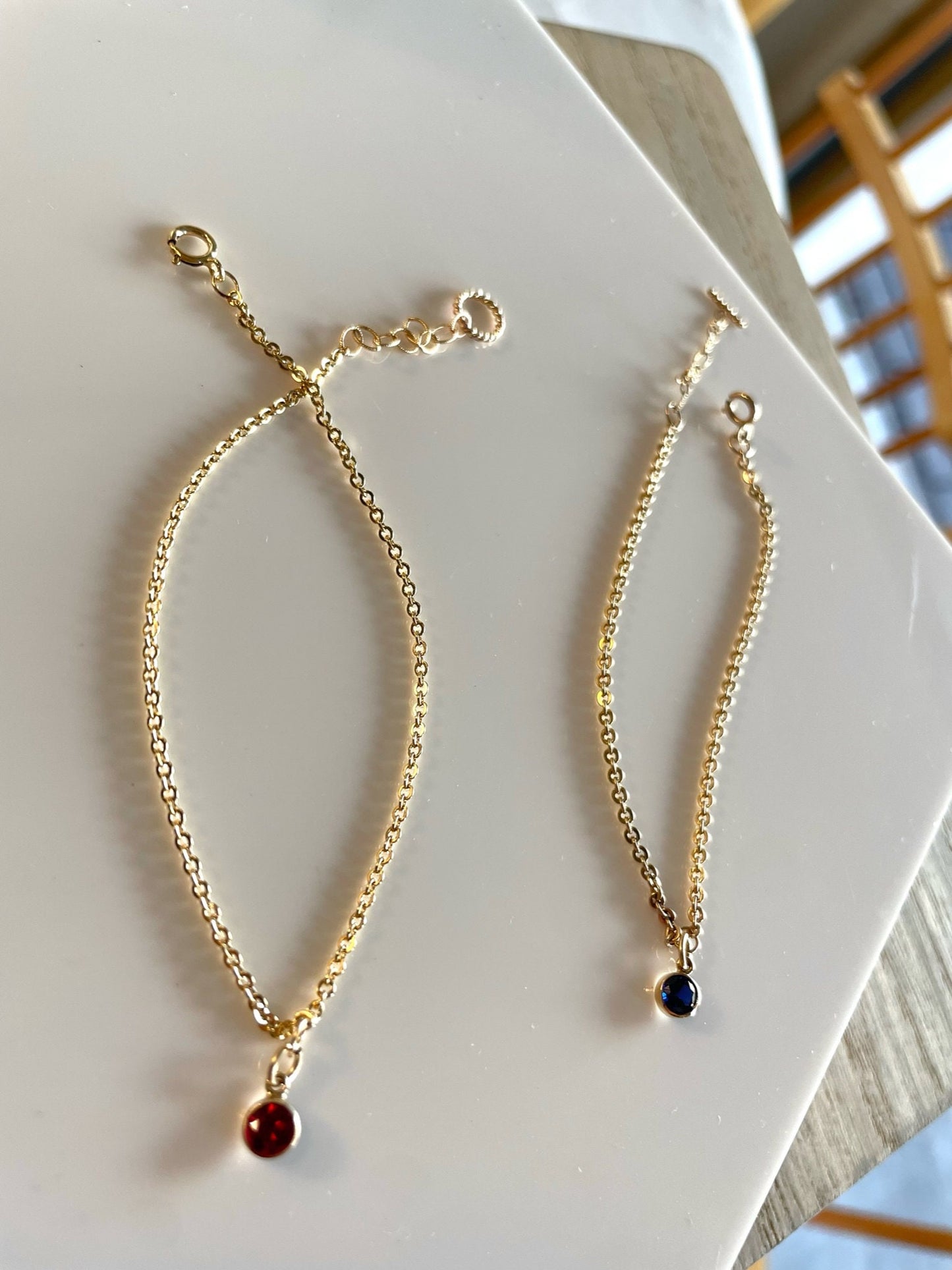 14K Goldfilled Sapphire Garnet Dangle Bracelet