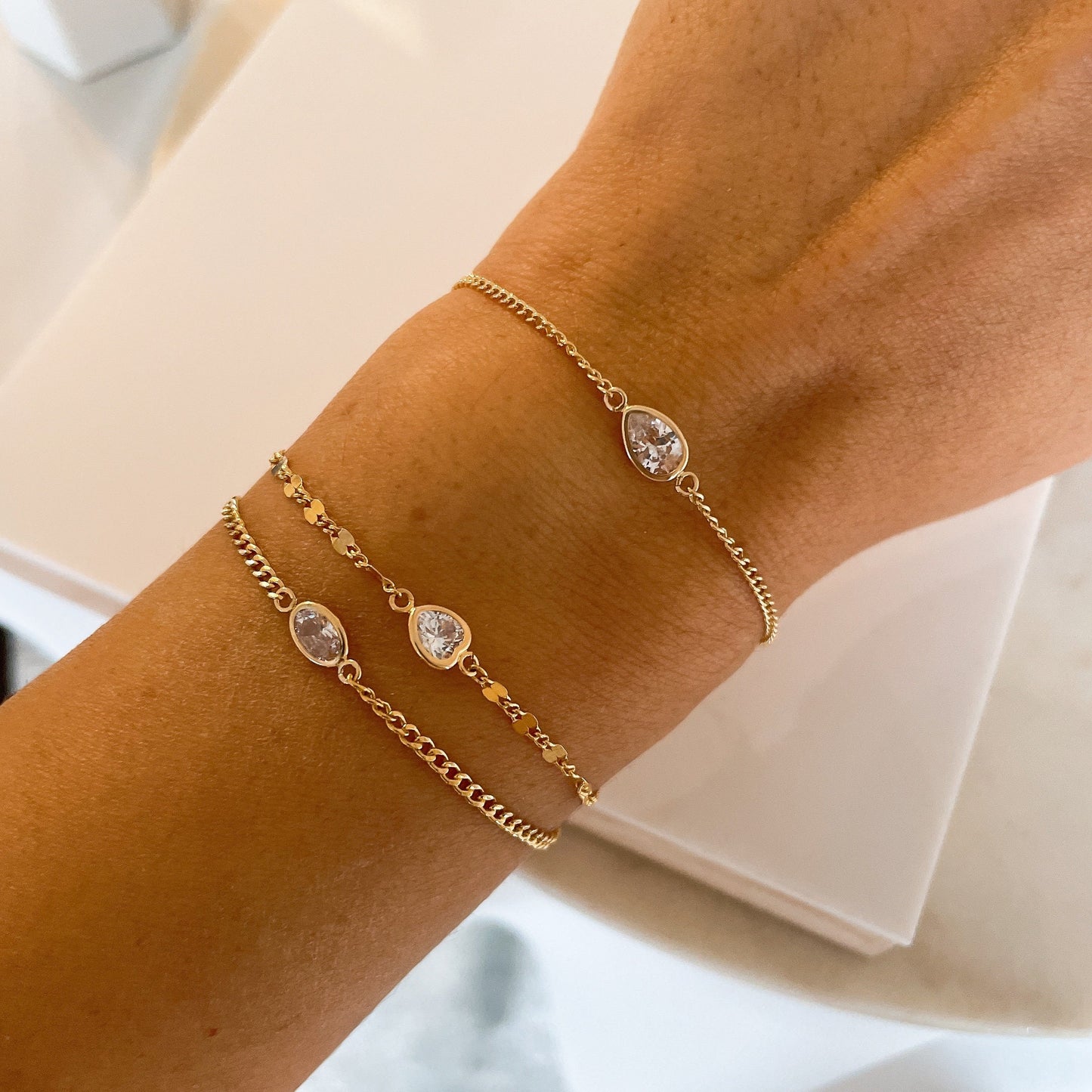 14KGF Pear CZ Solitaire Bracelet: Delicate Gold Filled Chain