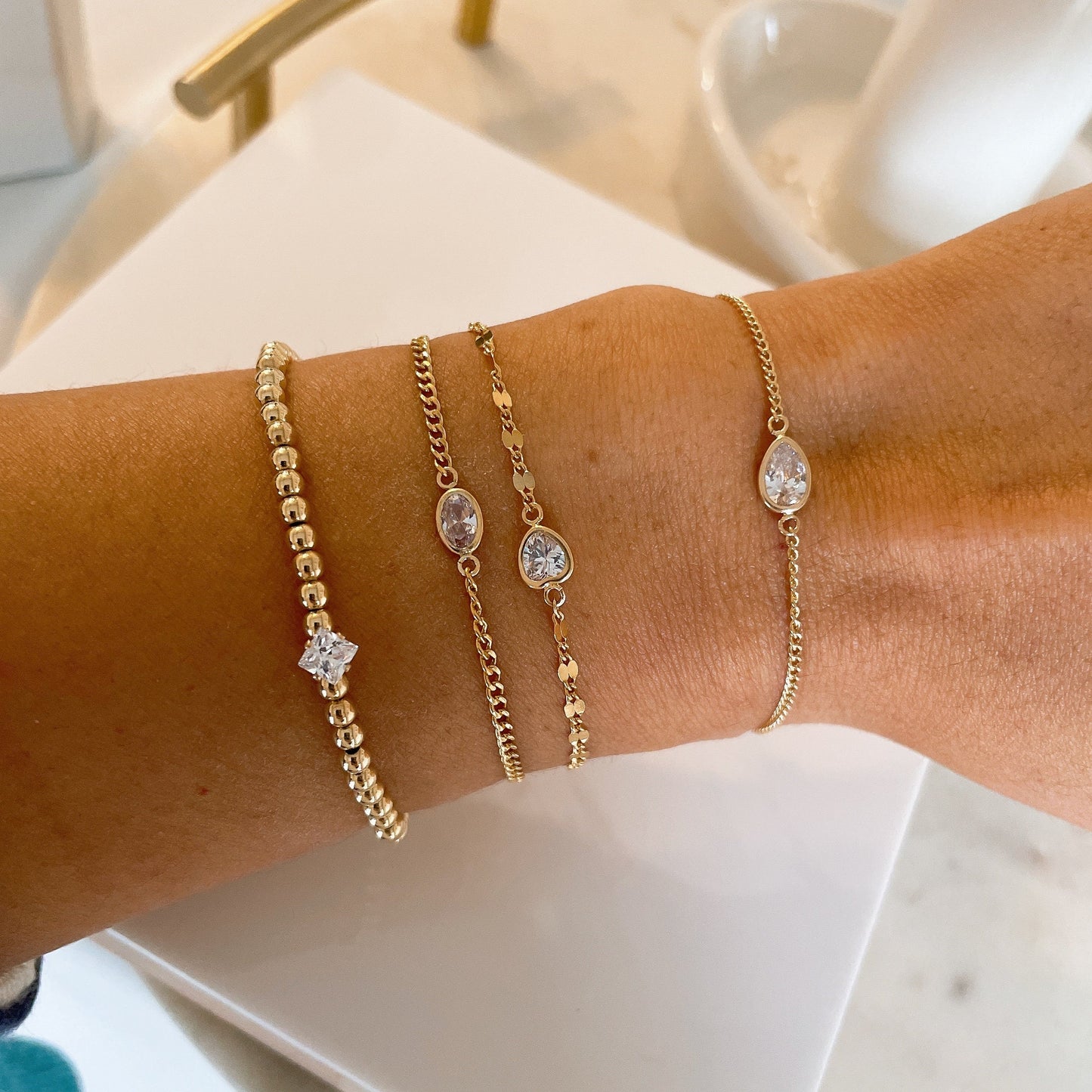 14KGF Pear CZ Solitaire Bracelet: Delicate Gold Filled Chain