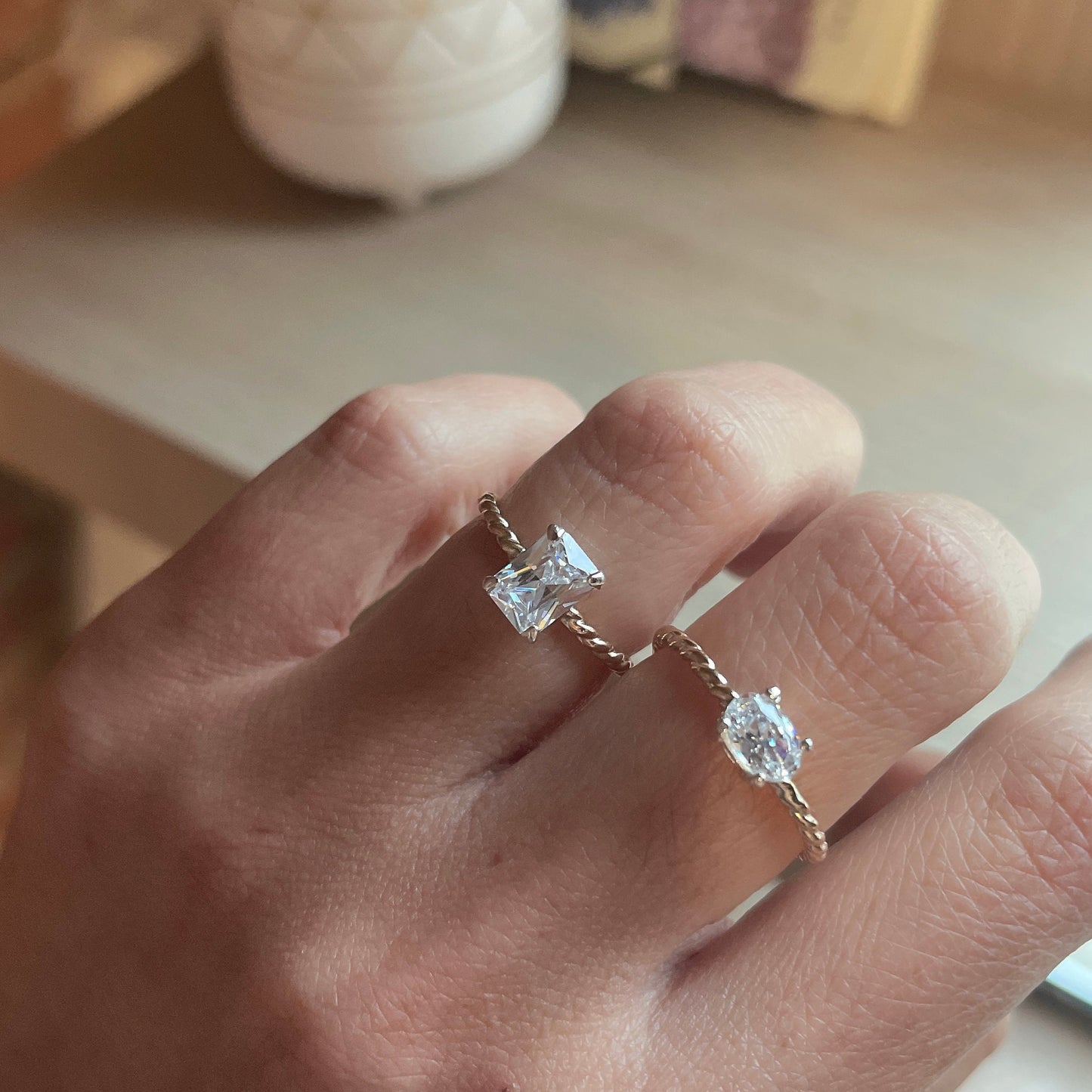 14KGF Emerald Cut CZ Ring: Twisted Band Solitaire