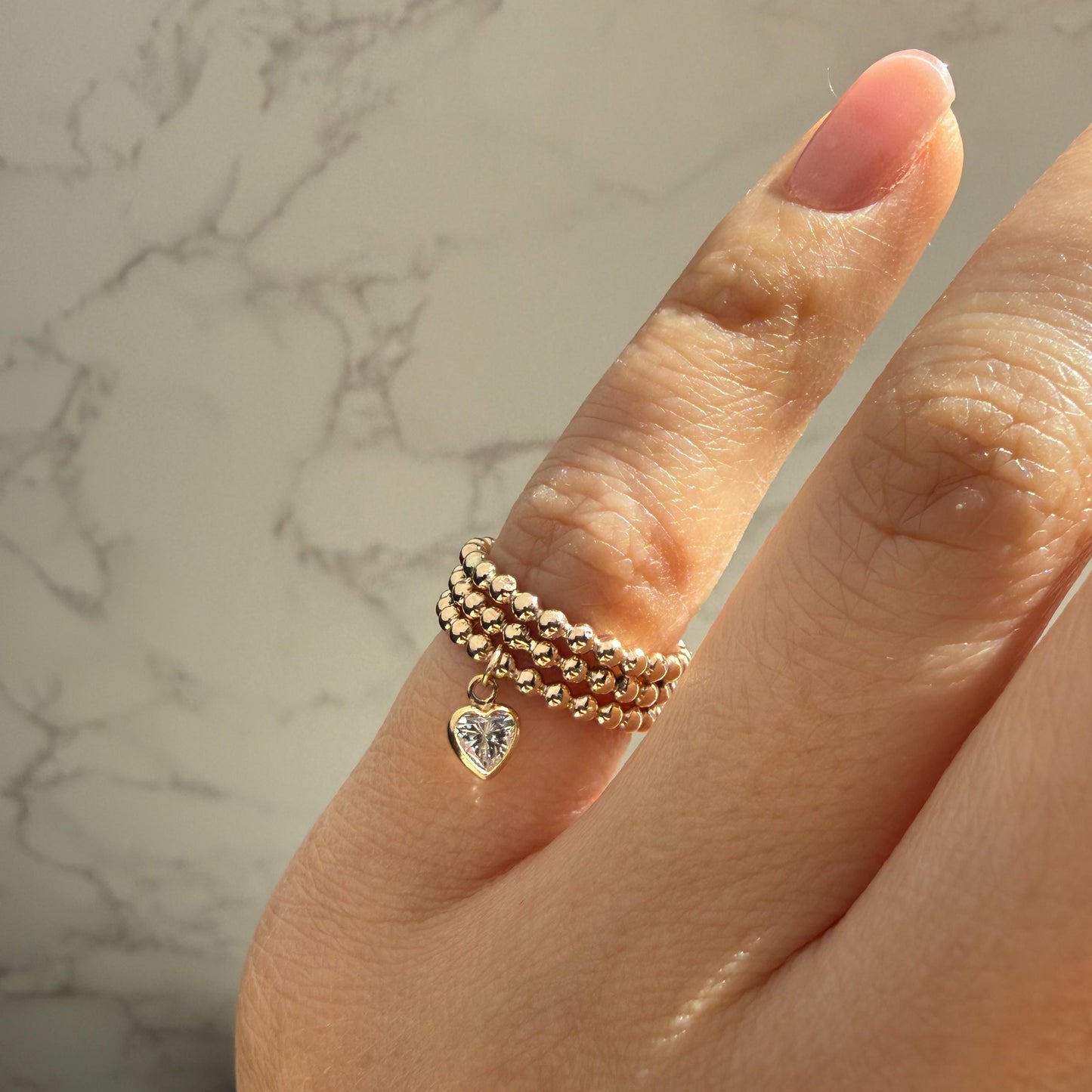 Belief Diamond Collection - Gold Filled Beaded Ring with Heart Charm, Triple Beaded Band, Stackable Pinky Ring, 4mm Moissanite Diamond or CZ