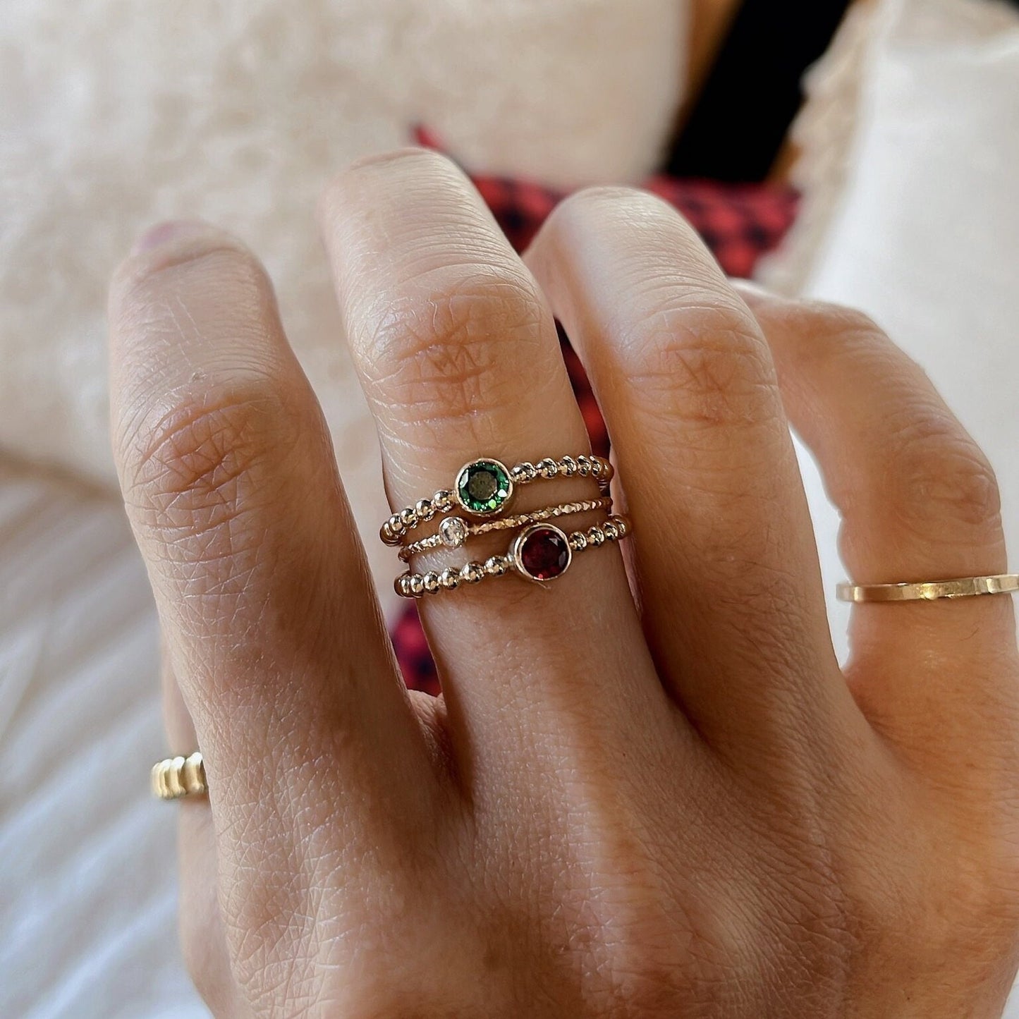 14K Gold Filled Ring Set: Garnet, Emerald, CZ Stackable Rings