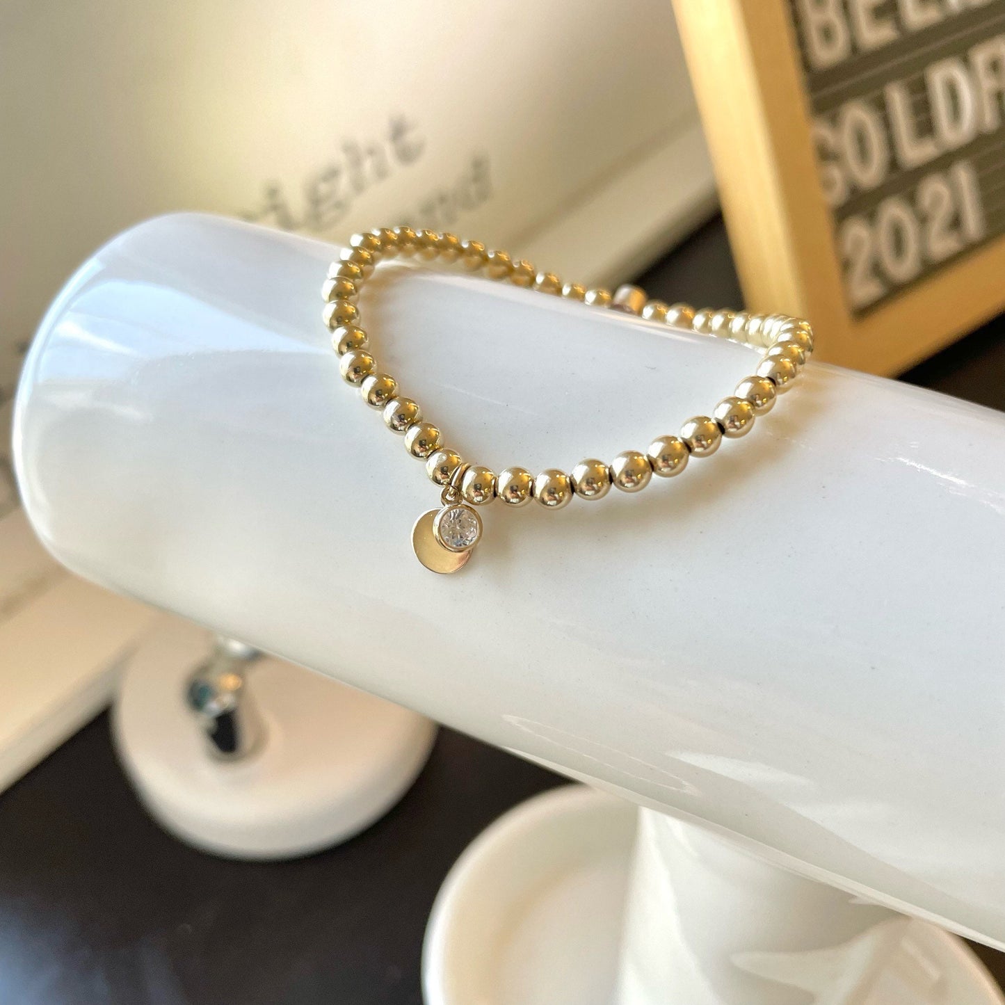 Belief Diamond Collection - 14K Gold Filled 3mm or 4mm Beaded Bracelet with Lab Diamond Drop & Personalized Disc Charm | Gold Ball Bracelet