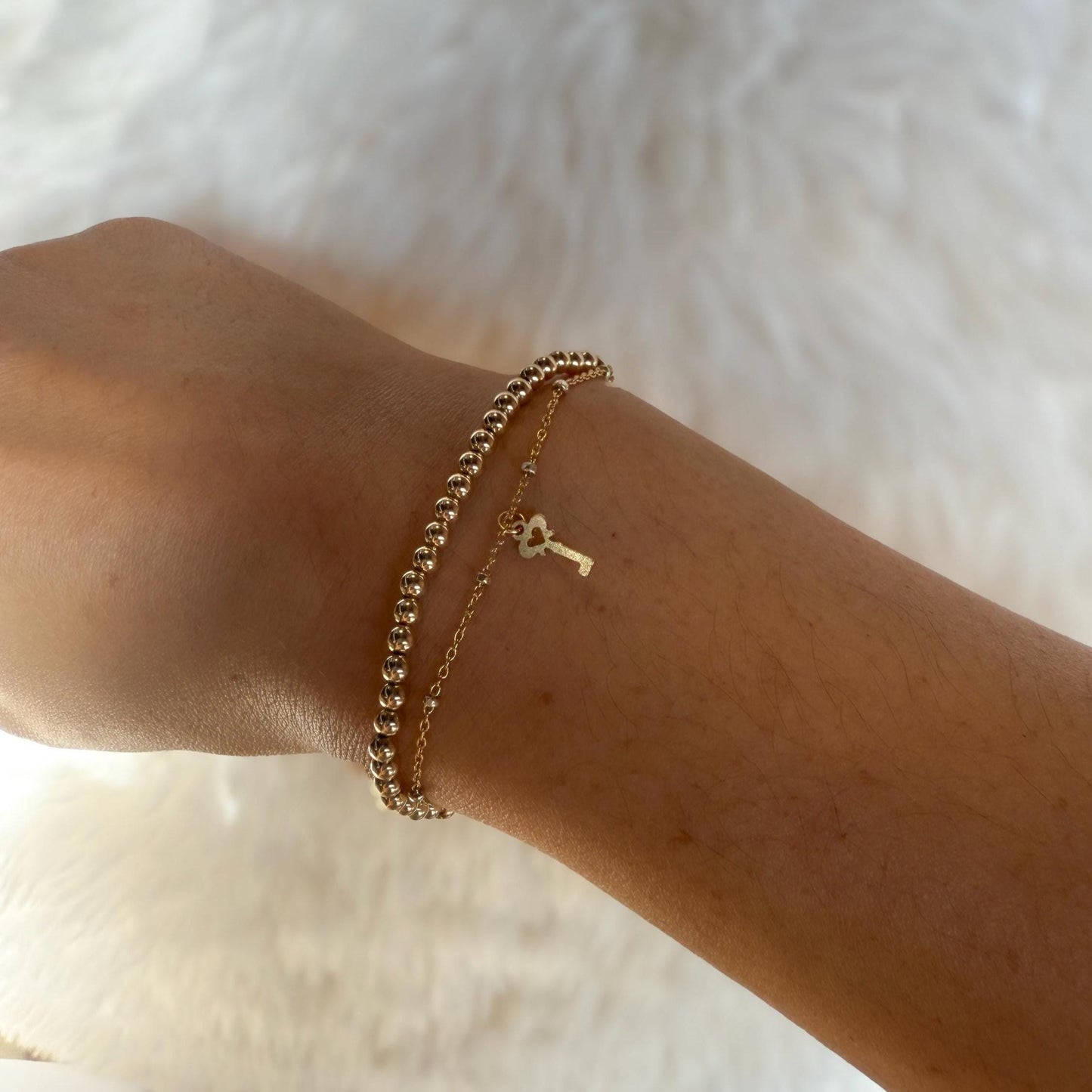 14KGF Dual Chain 3mm Gold Filled Beaded Bracelet | Easy Layered Look with Dainty Key Charm (B10)