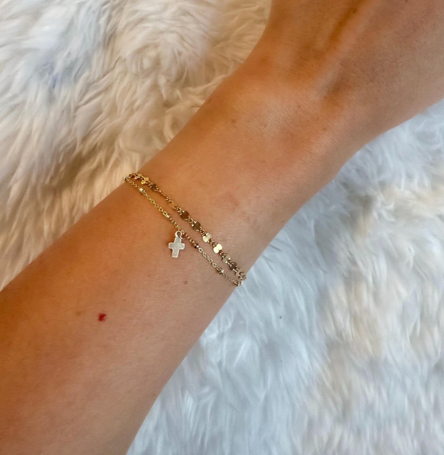 14KGF Gold Filled Double Chain Bracelet with Mini Cross Charm | Dapped & Satellite Layered Design | 1/20 14K Stamped