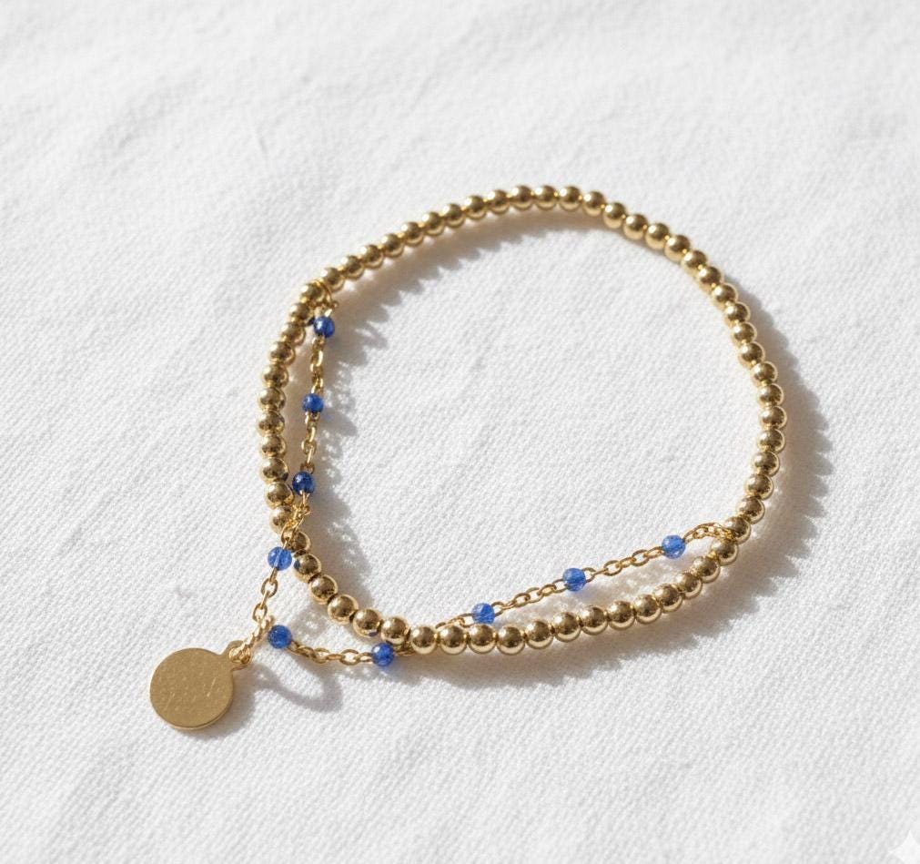 14KGF Dual Chain 3mm Gold Filled Beaded Bracelet | Easy Layered Look with Dainty Key Charm (B11)