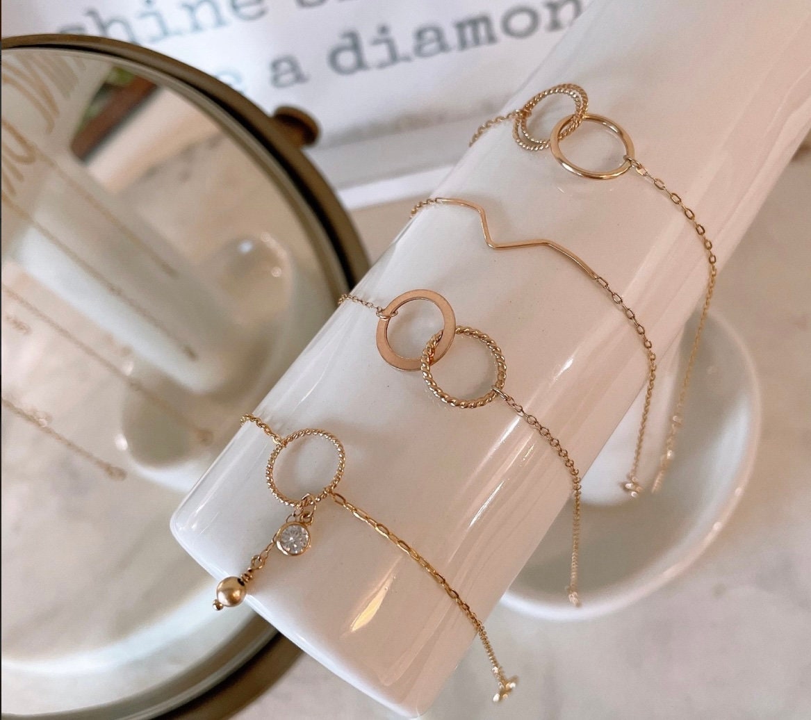 14KGF Gold Connected Eternity Ring Set: Sterling Silver Circle Link (R15)