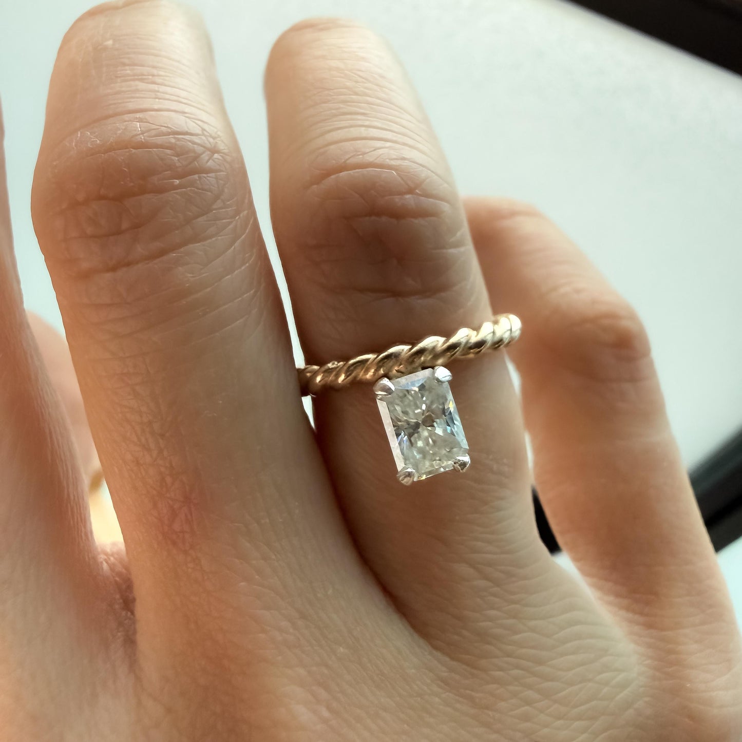 1 Carat Radiant Moissanite Ring, 2.6mm Twisted Gold Filled Rope Band Ring, Minimalist Moissanite Solitaire Engagement Ring