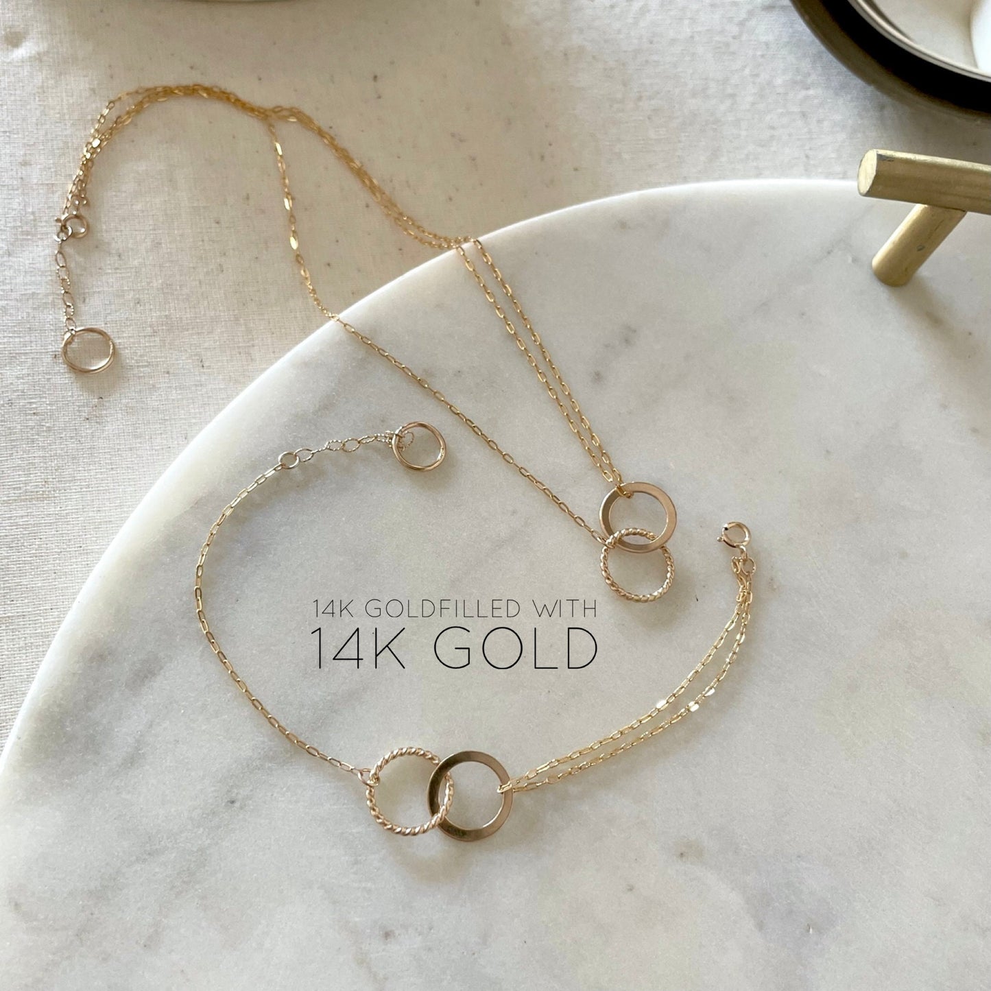 14K Gold Filled Necklace Bracelet Set: Disc Pendant, Double Strand