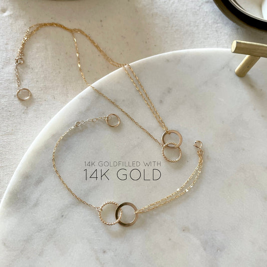 14K Gold Filled Necklace Bracelet Set: Disc Pendant, Double Strand